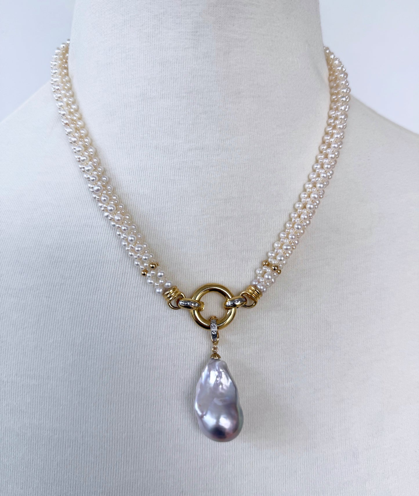 Pearl Woven Rope Necklace with Diamonds, Solid 14k Gold & Baroque Pearl