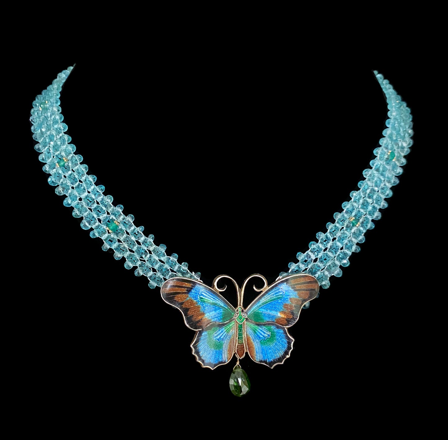Woven Aquamarine Necklace with Vintage Butterfly Centerpiece