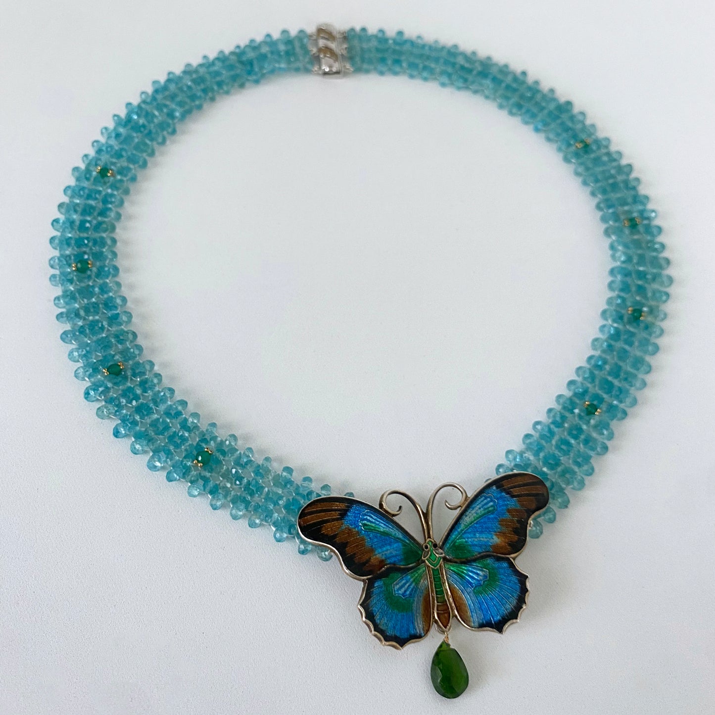 Woven Aquamarine Necklace with Vintage Butterfly Centerpiece