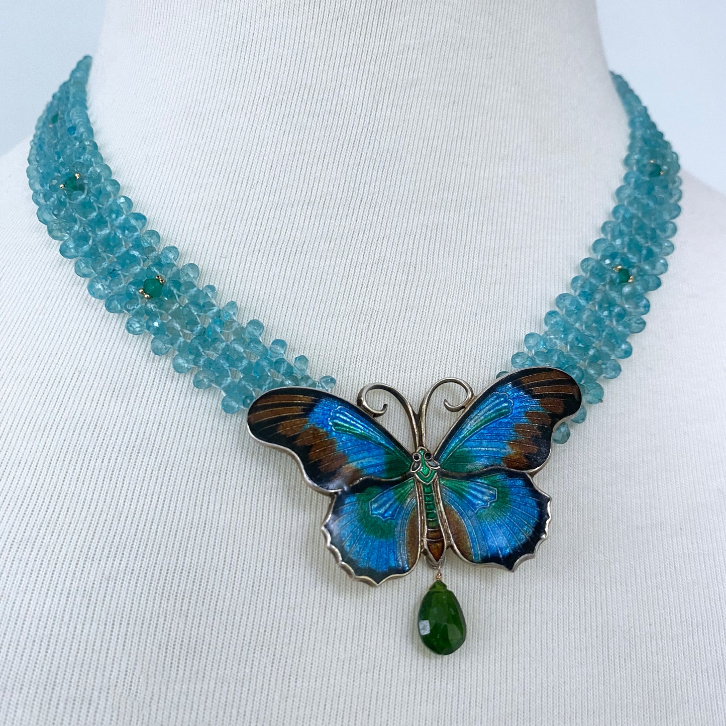 Woven Aquamarine Necklace with Vintage Butterfly Centerpiece