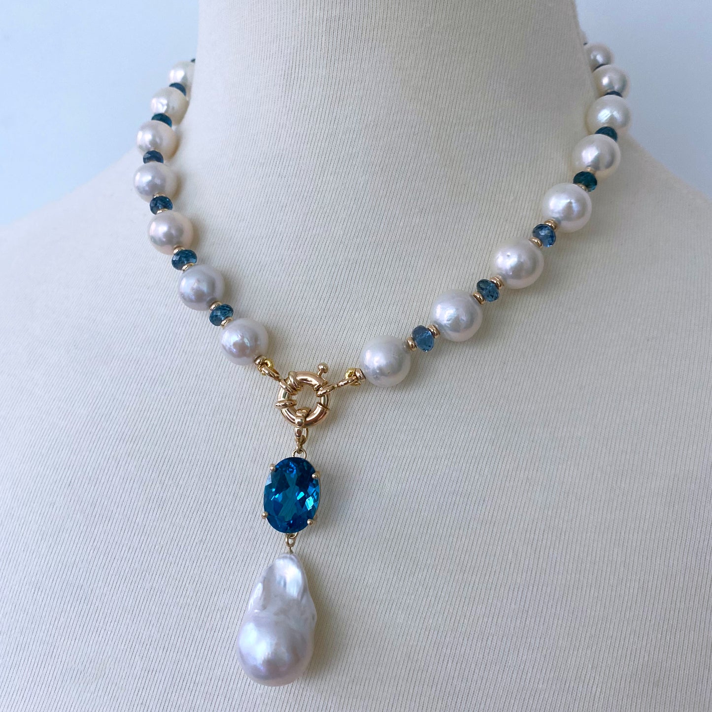 London Blue Topaz, Pearl & Solid 14k Gold Necklace
