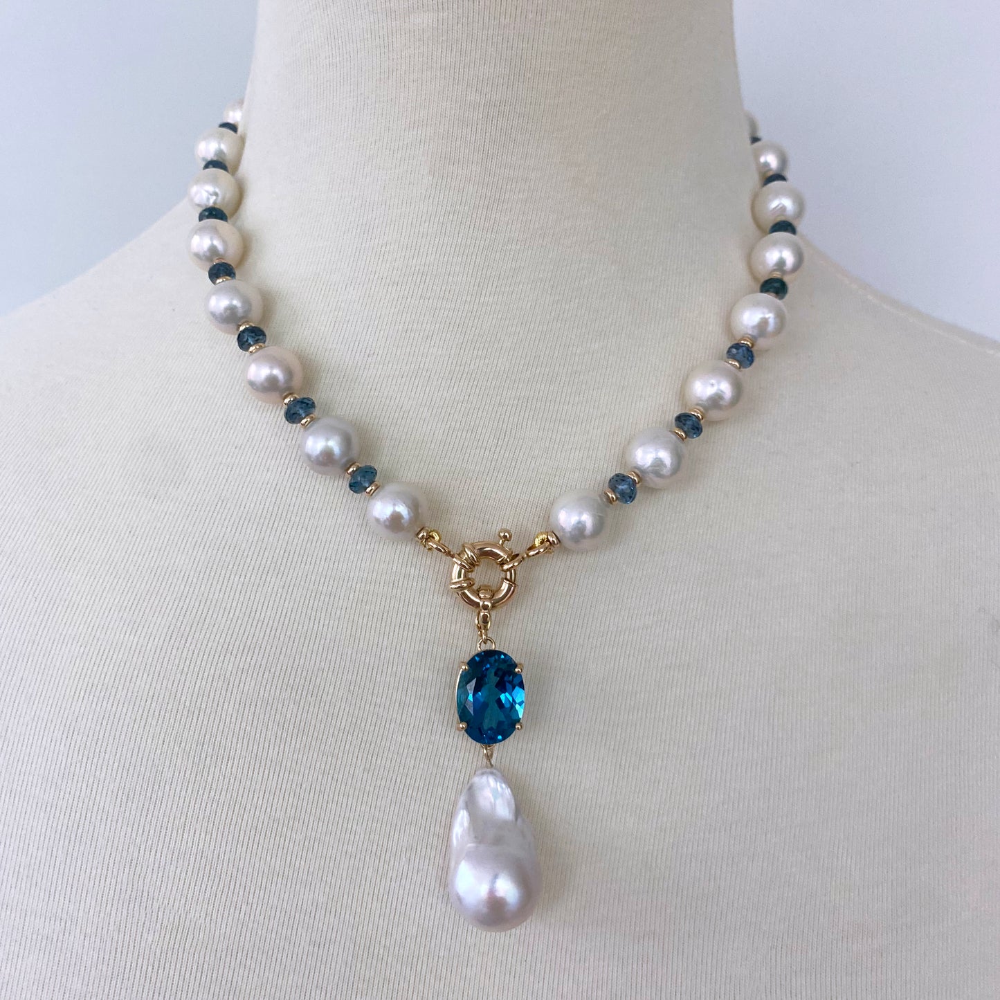 London Blue Topaz, Pearl & Solid 14k Gold Necklace