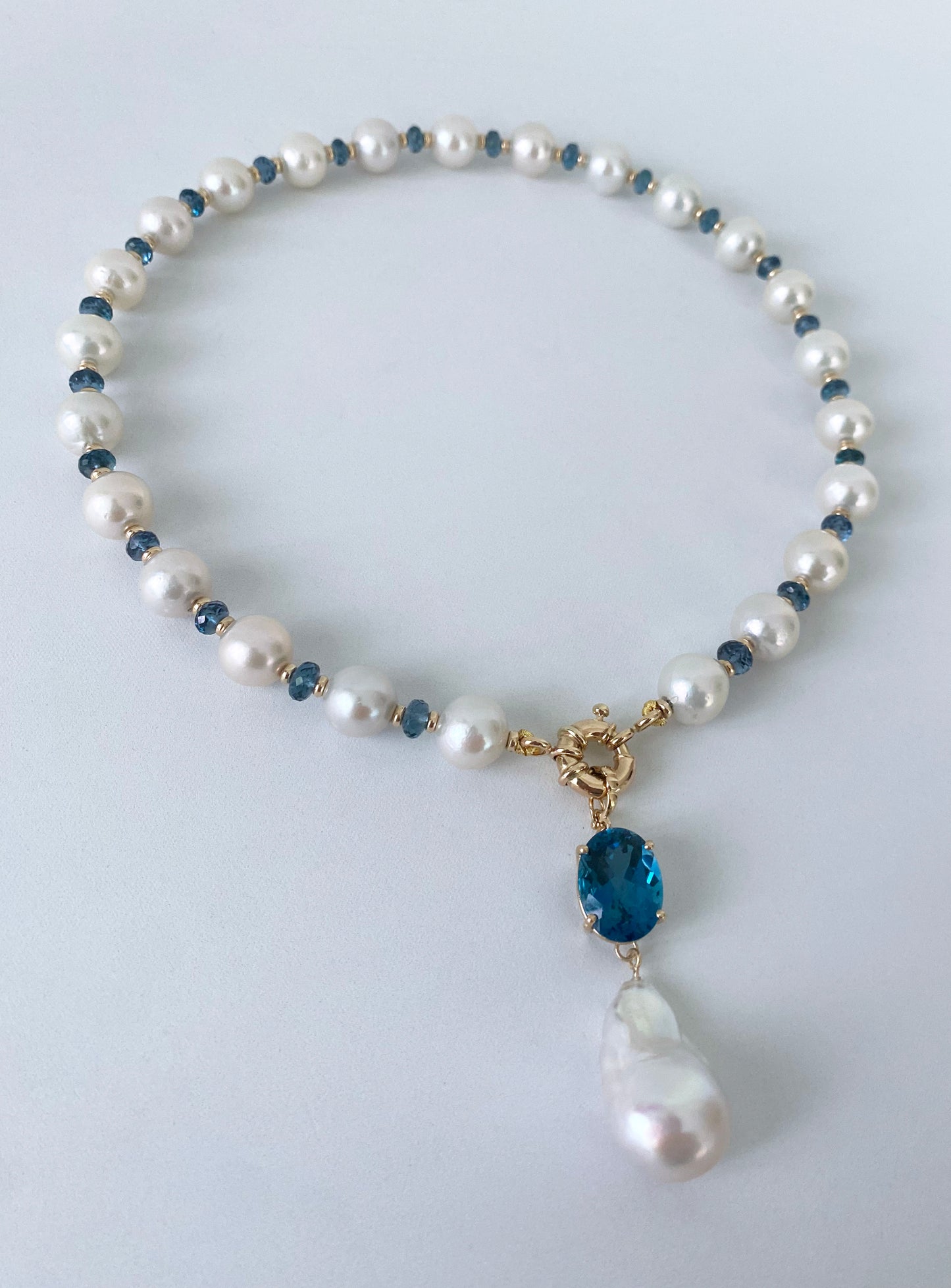 London Blue Topaz, Pearl & Solid 14k Gold Necklace