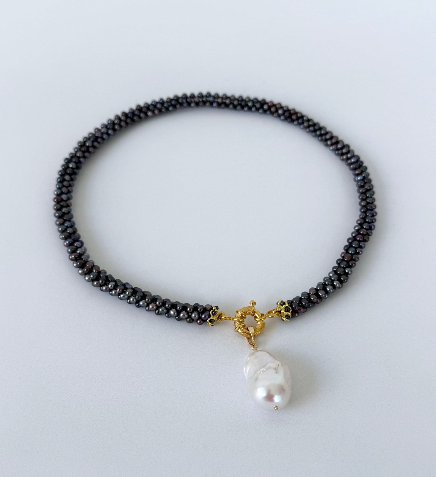 Black Pearl Rope Necklace with Solid 14k Yellow Gold Clasp and Removable Centerpiece