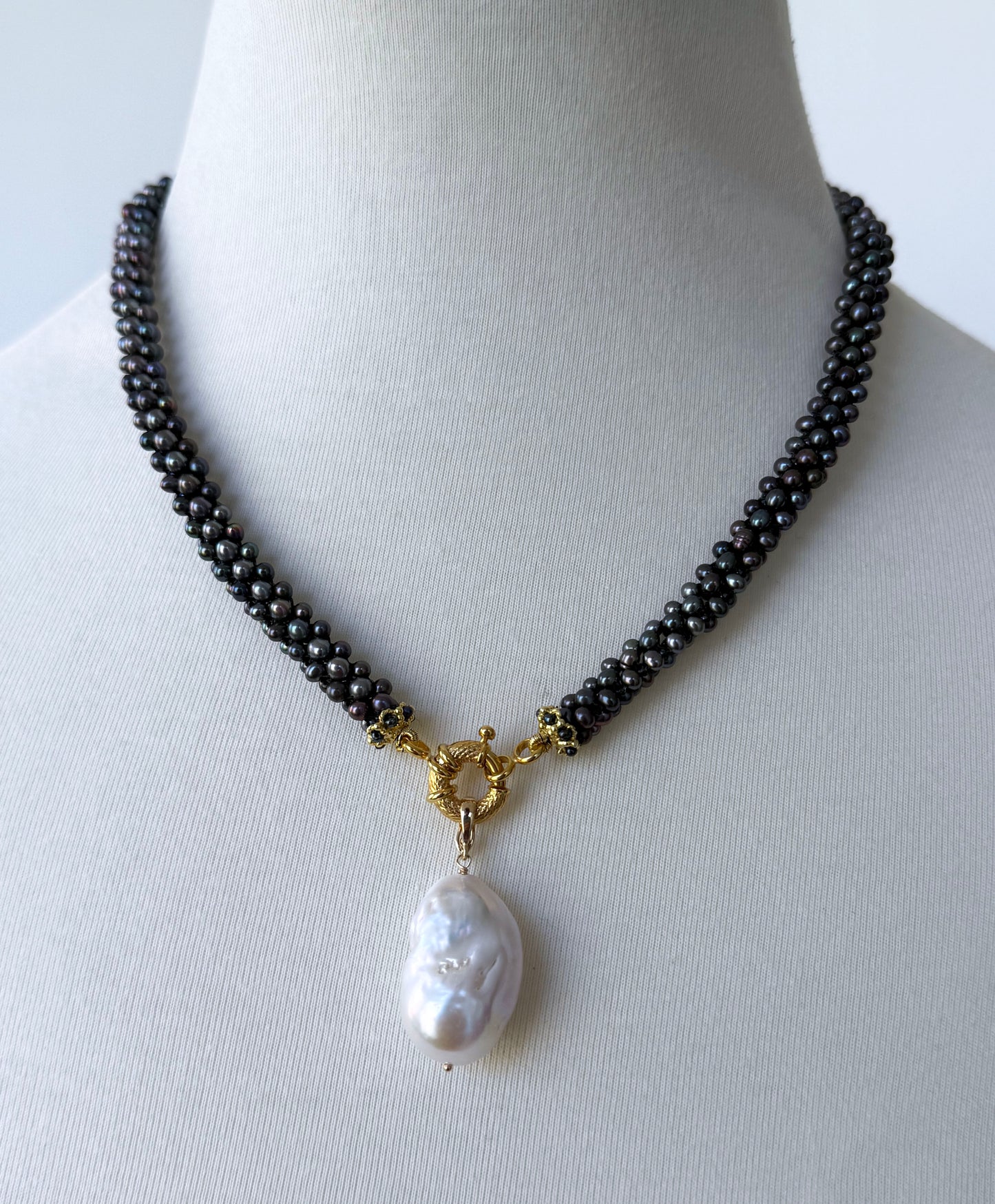 Black Pearl Rope Necklace with Solid 14k Yellow Gold Clasp and Removable Centerpiece