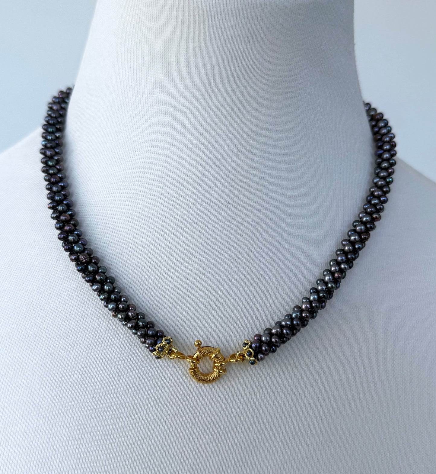 Black Pearl Rope Necklace with Solid 14k Yellow Gold Clasp and Removable Centerpiece