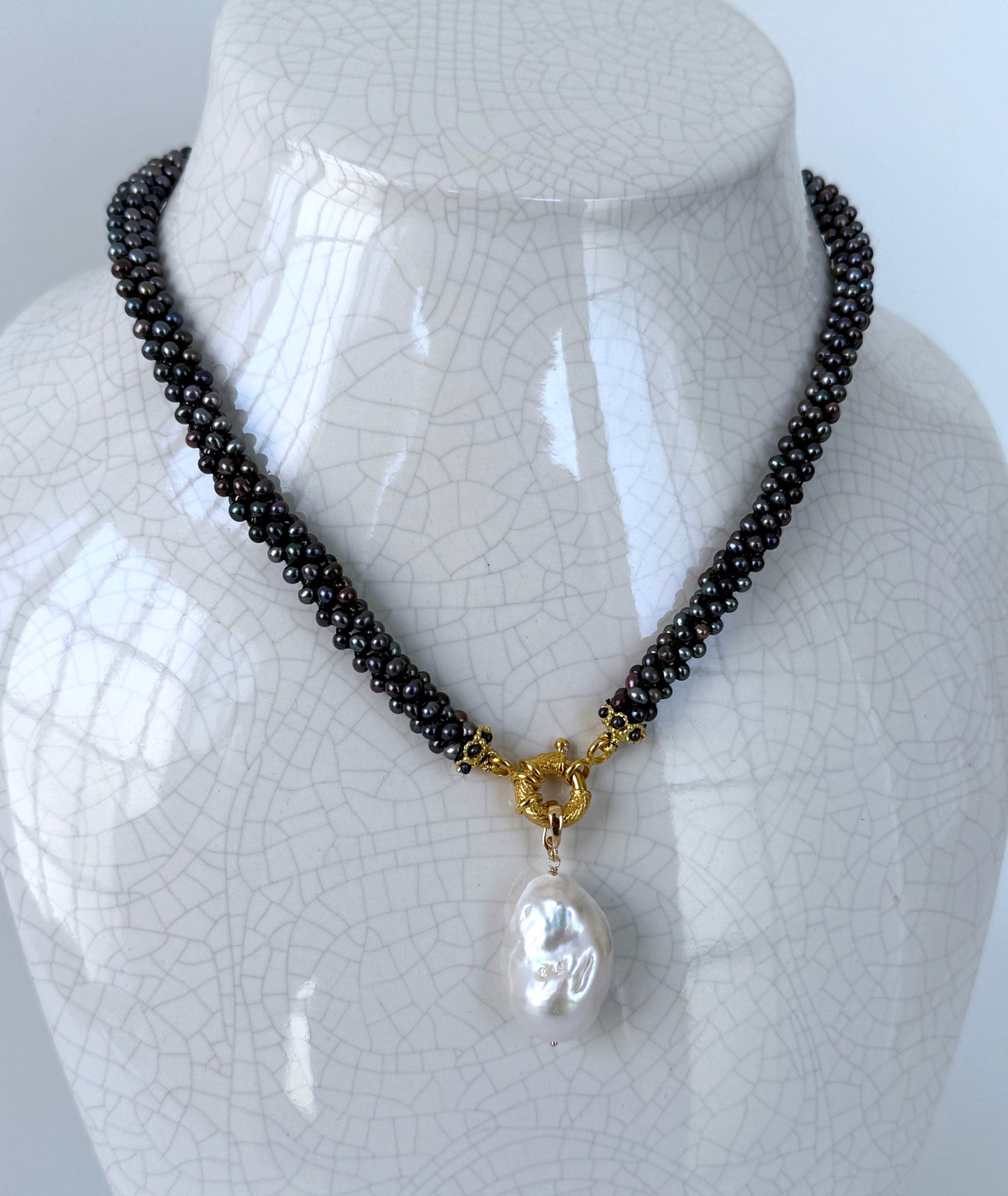 Black Pearl Rope Necklace with Solid 14k Yellow Gold Clasp and Removable Centerpiece