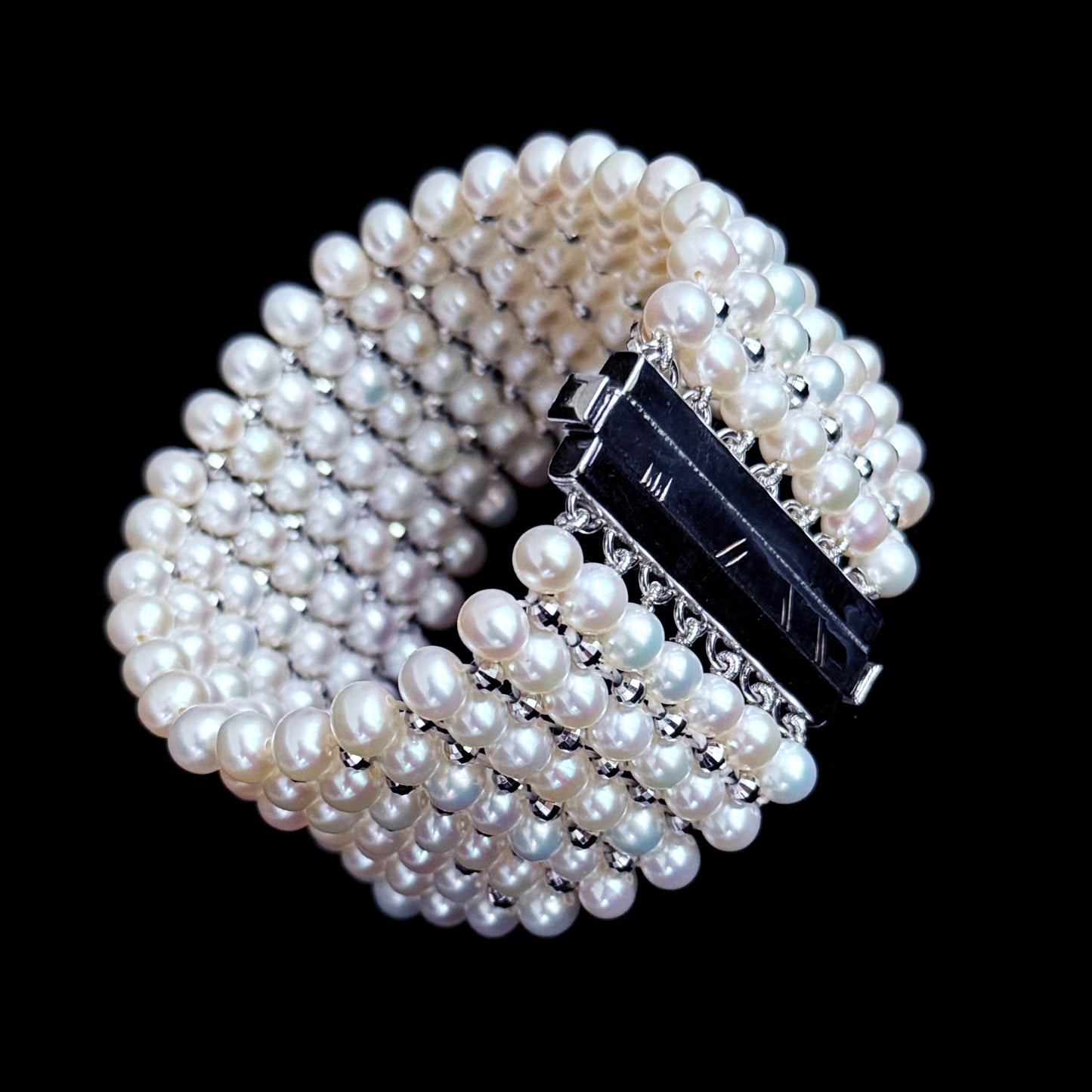 Pearl Woven Bracelet with Faceted Silver Rhodium Plated Beads
