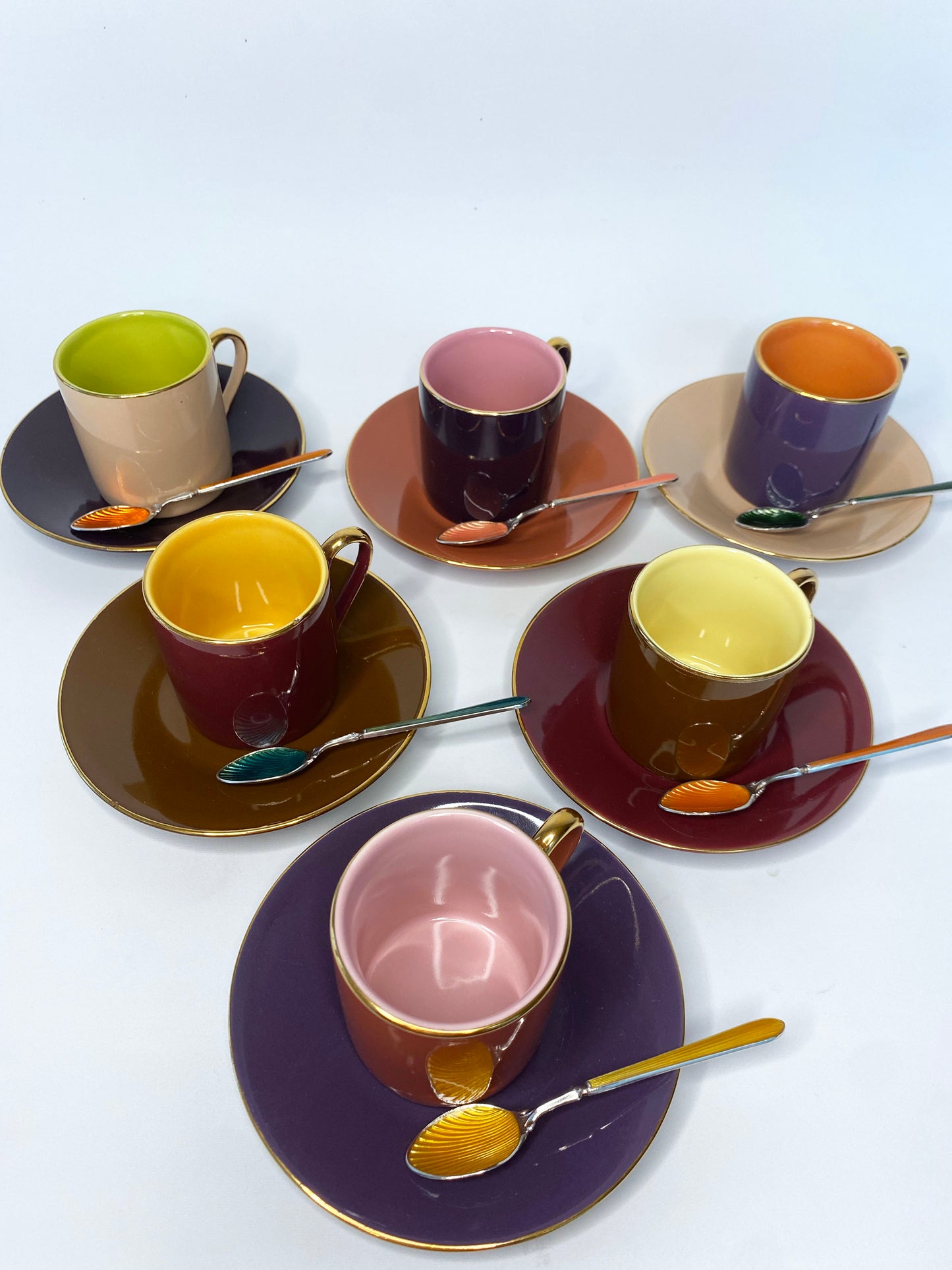 Multi Colored Coffee Cup Set with Decorative Enamel Spoons
