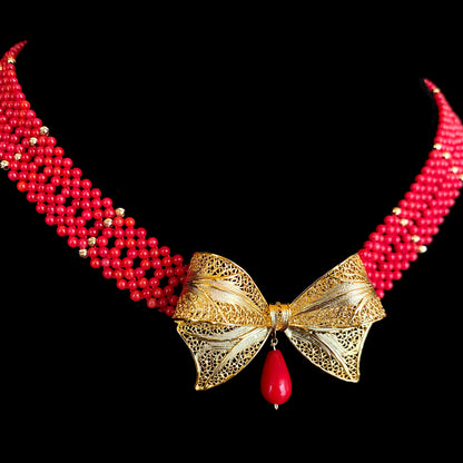 Coral Woven Necklace with 18k Plated Bowtie Centerpiece & Detailings