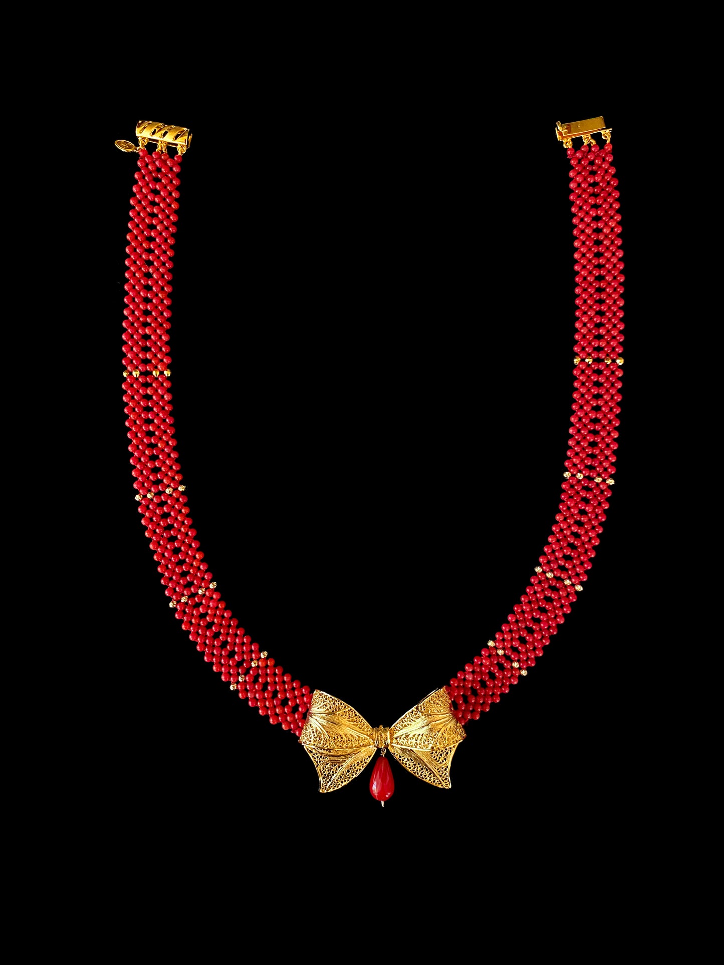 Coral Woven Necklace with 18k Plated Bowtie Centerpiece & Detailings