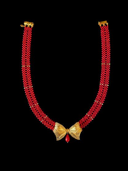 Coral Woven Necklace with 18k Plated Bowtie Centerpiece & Detailings