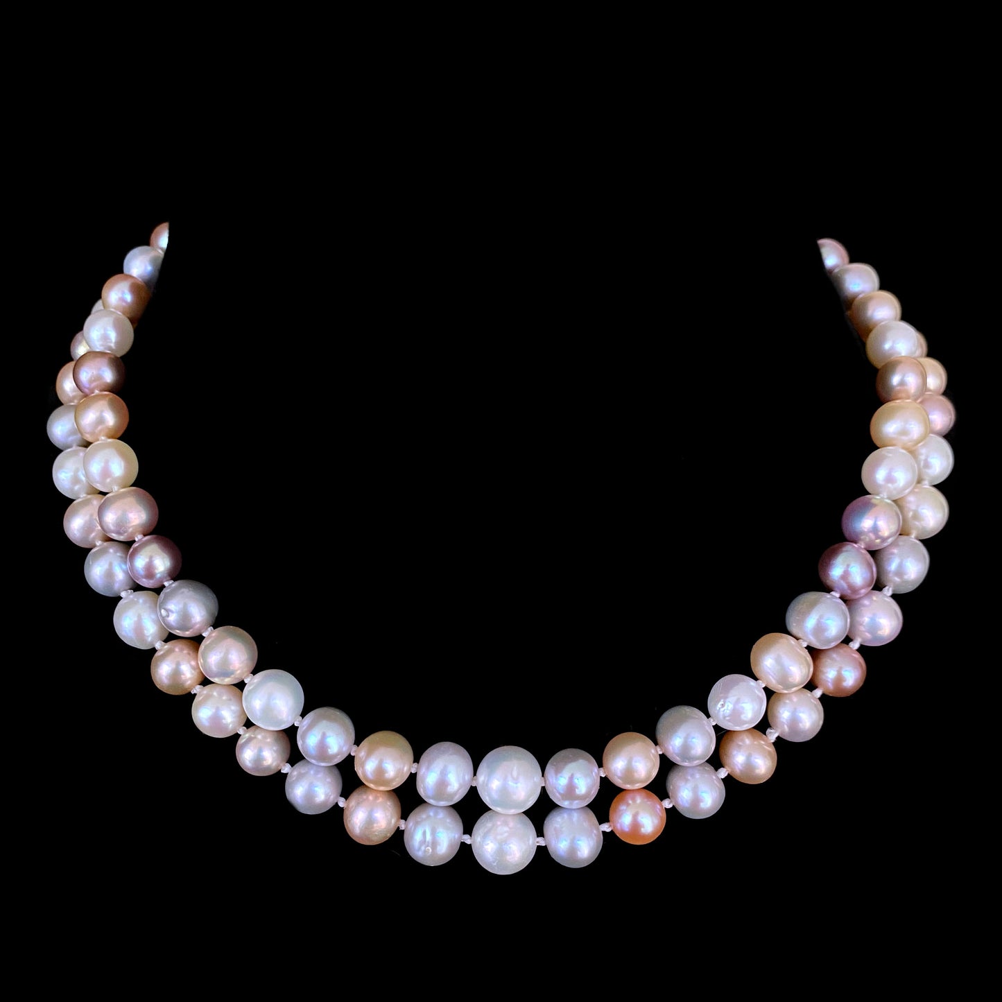 Multi Colored Two Strand Pearl Necklace with Solid 14k Gold Clasp