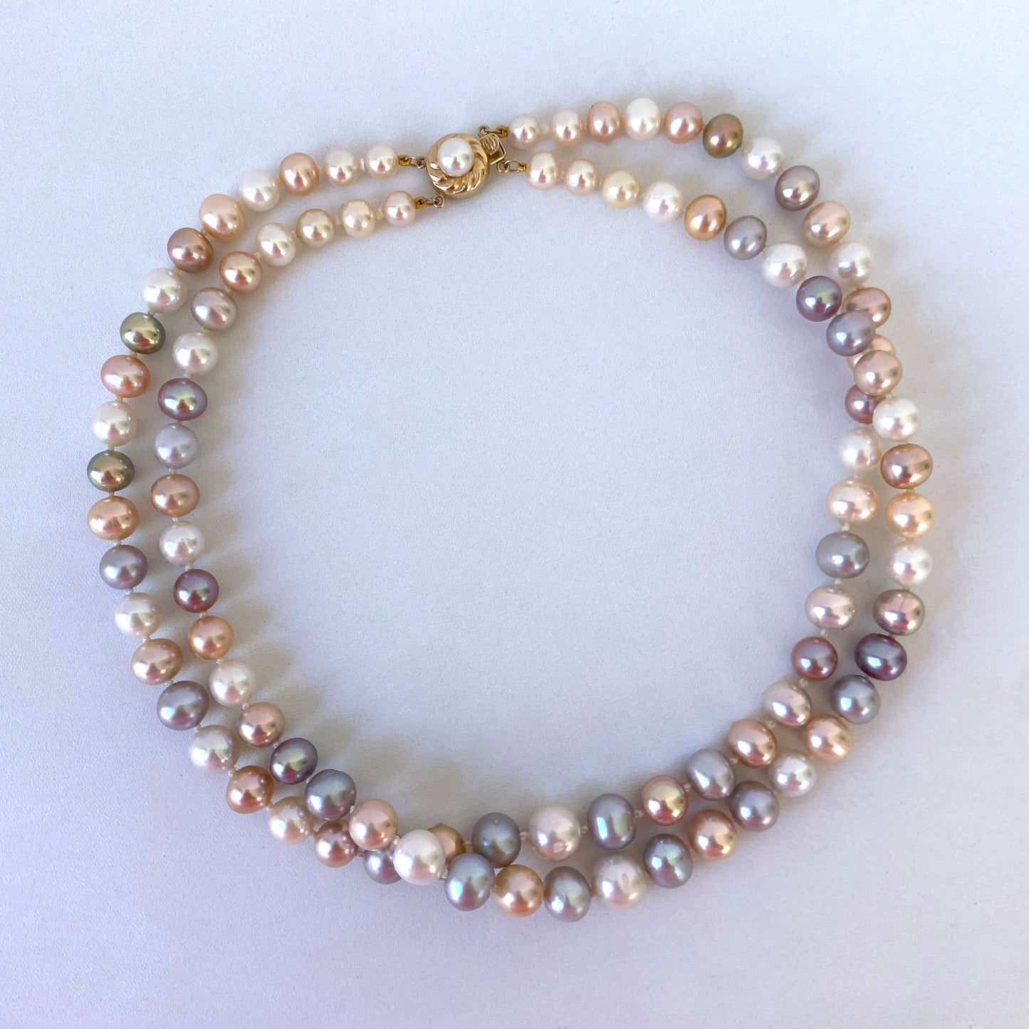 Multi Colored Two Strand Pearl Necklace with Solid 14k Gold Clasp