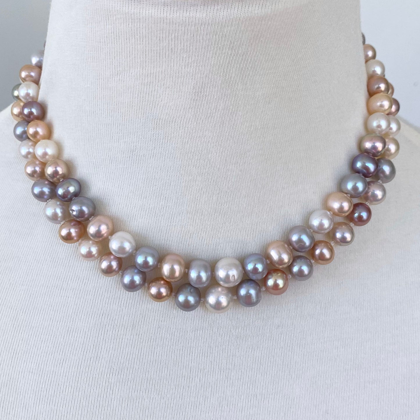 Multi Colored Two Strand Pearl Necklace with Solid 14k Gold Clasp