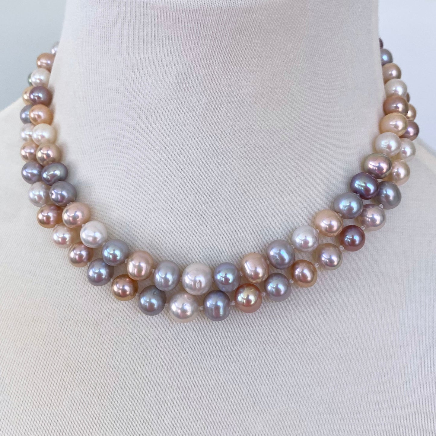 Multi Colored Two Strand Pearl Necklace with Solid 14k Gold Clasp
