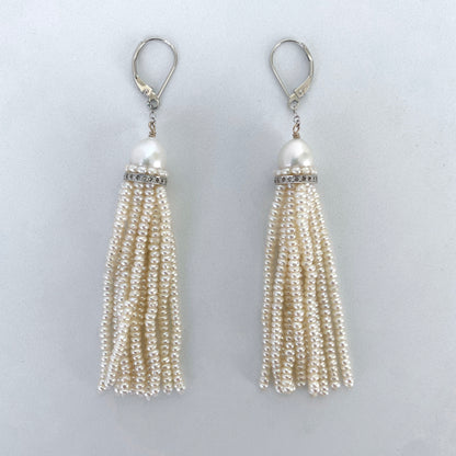 Pearl Tassel Earrings with Rhodium plated Silver & Diamonds