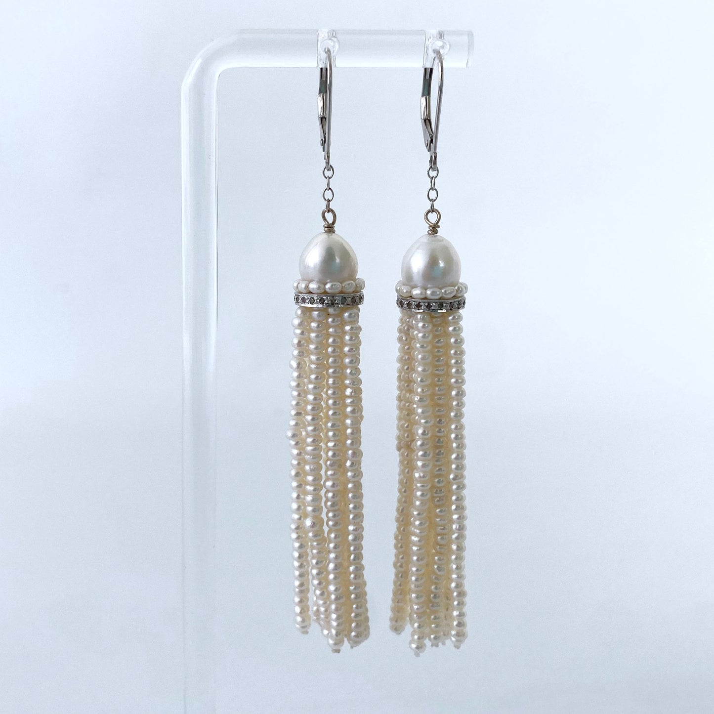 Pearl Tassel Earrings with Rhodium plated Silver & Diamonds