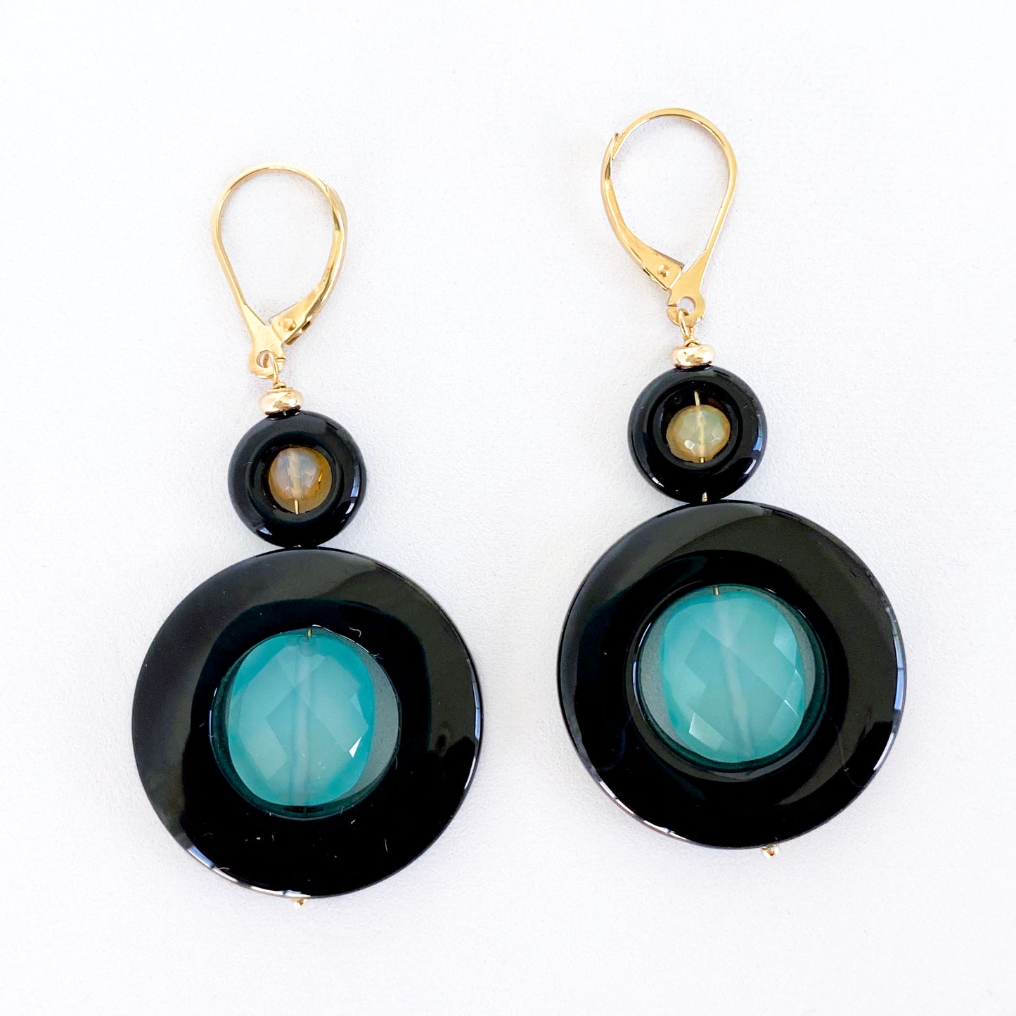 Opal, Chalcedony, Black Onyx & Solid 14k Yellow Gold Earrings