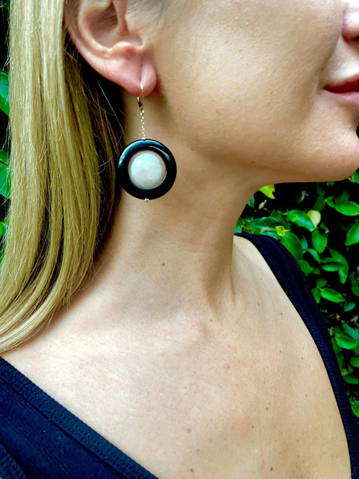 Baroque Pearl & Black Onyx Earrings with solid 14k Yellow Gold