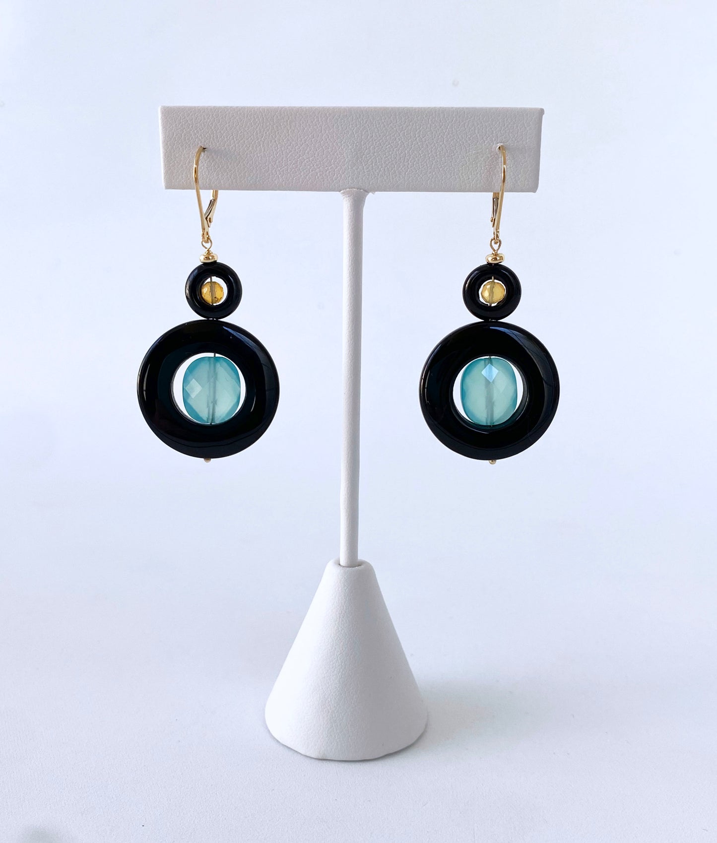 Opal, Chalcedony, Black Onyx & Solid 14k Yellow Gold Earrings