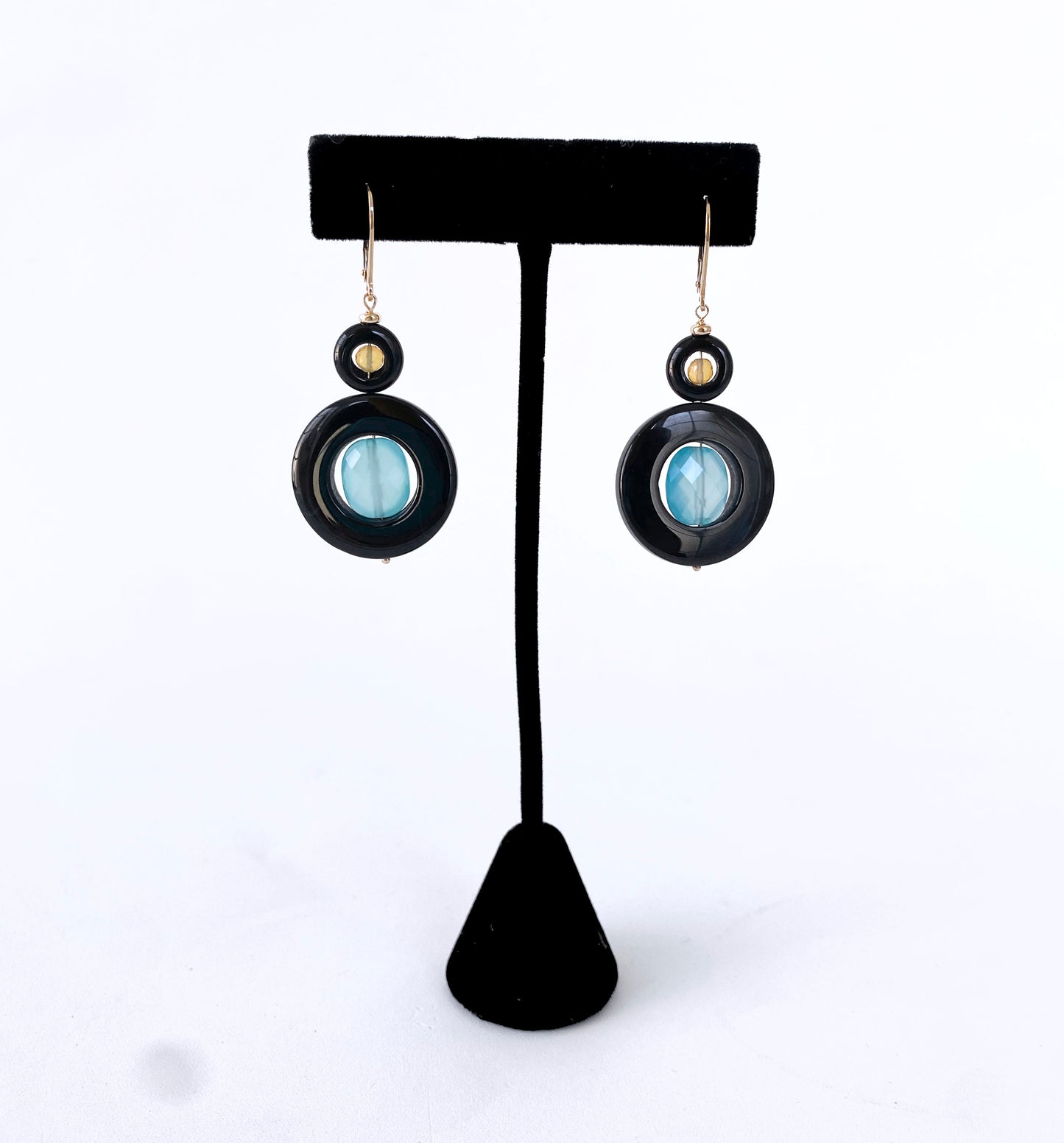 Opal, Chalcedony, Black Onyx & Solid 14k Yellow Gold Earrings