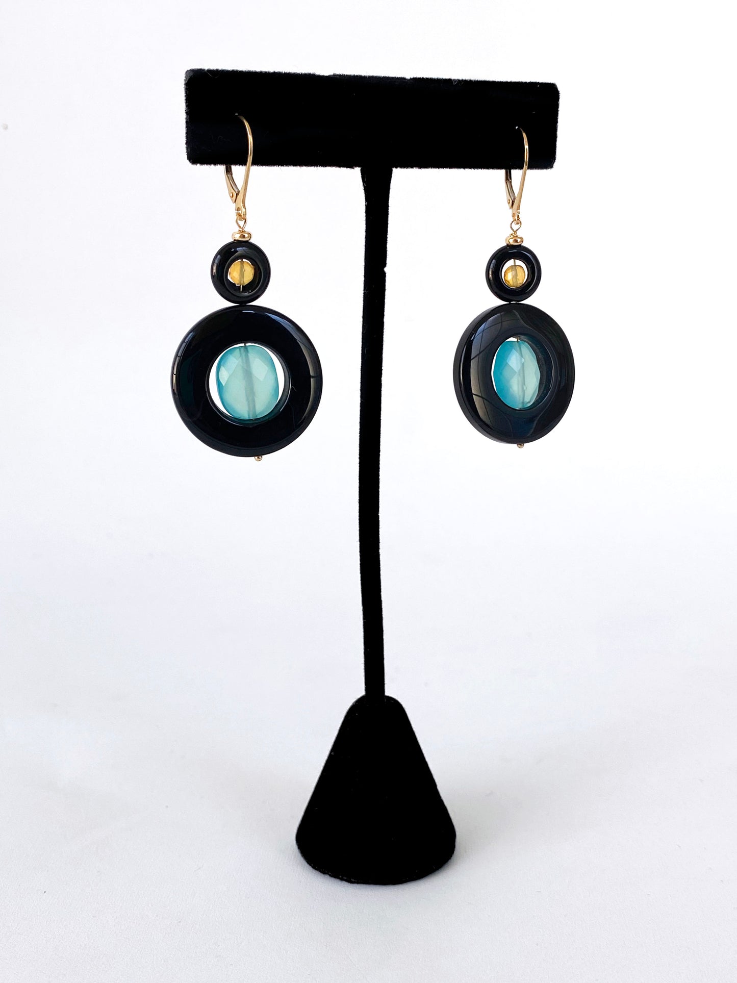 Opal, Chalcedony, Black Onyx & Solid 14k Yellow Gold Earrings
