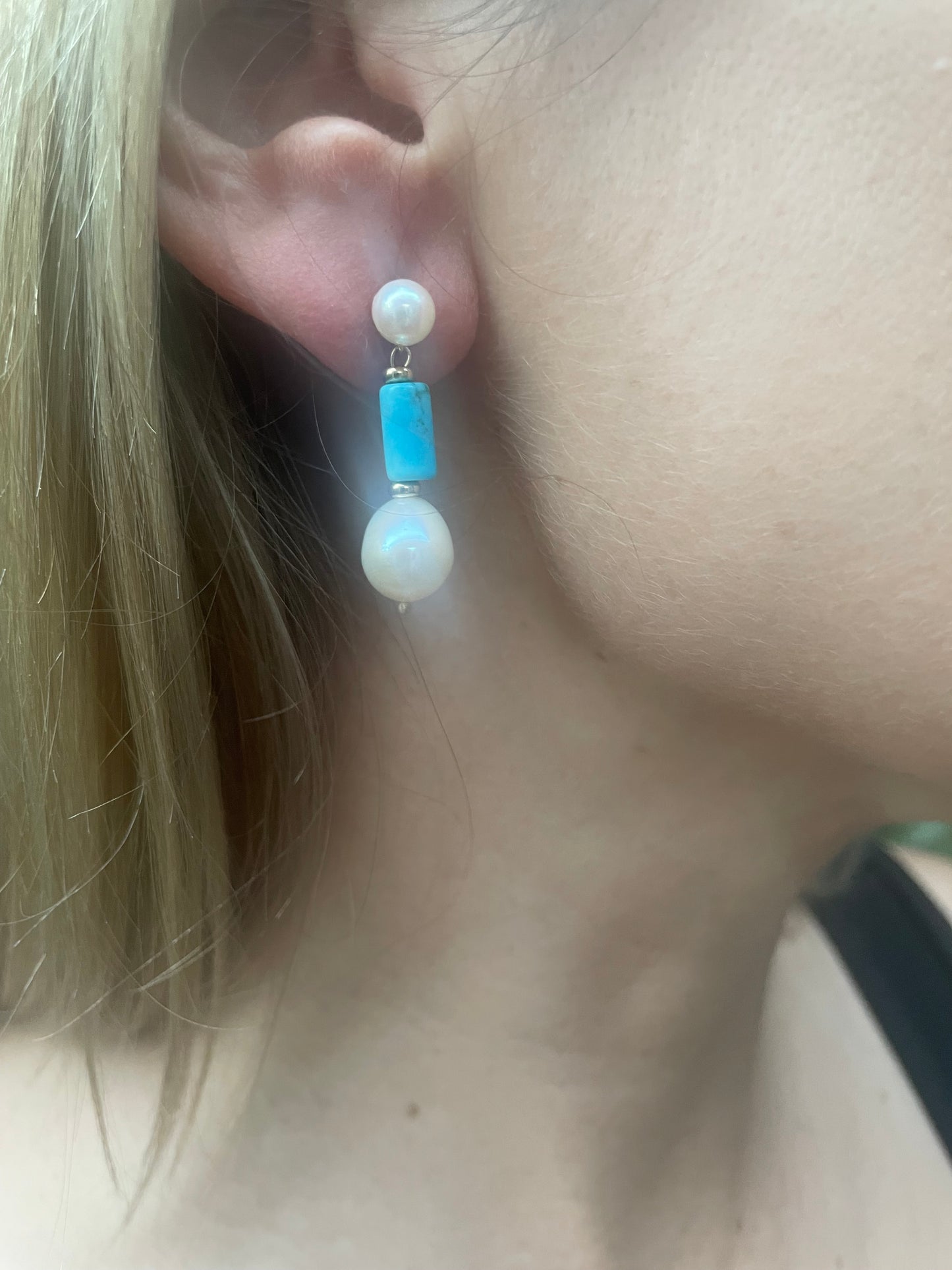 Studded Pearl & Turquoise Earrings with solid 14k Yellow Gold