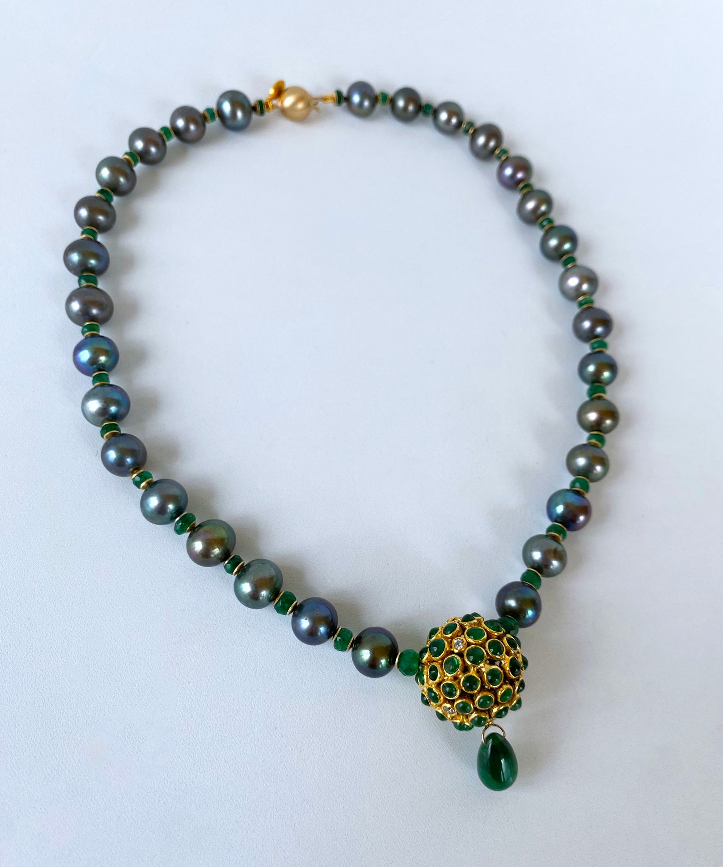 One of A Kind Black Pearl, Emerald & Solid 14k Yellow Gold Necklace