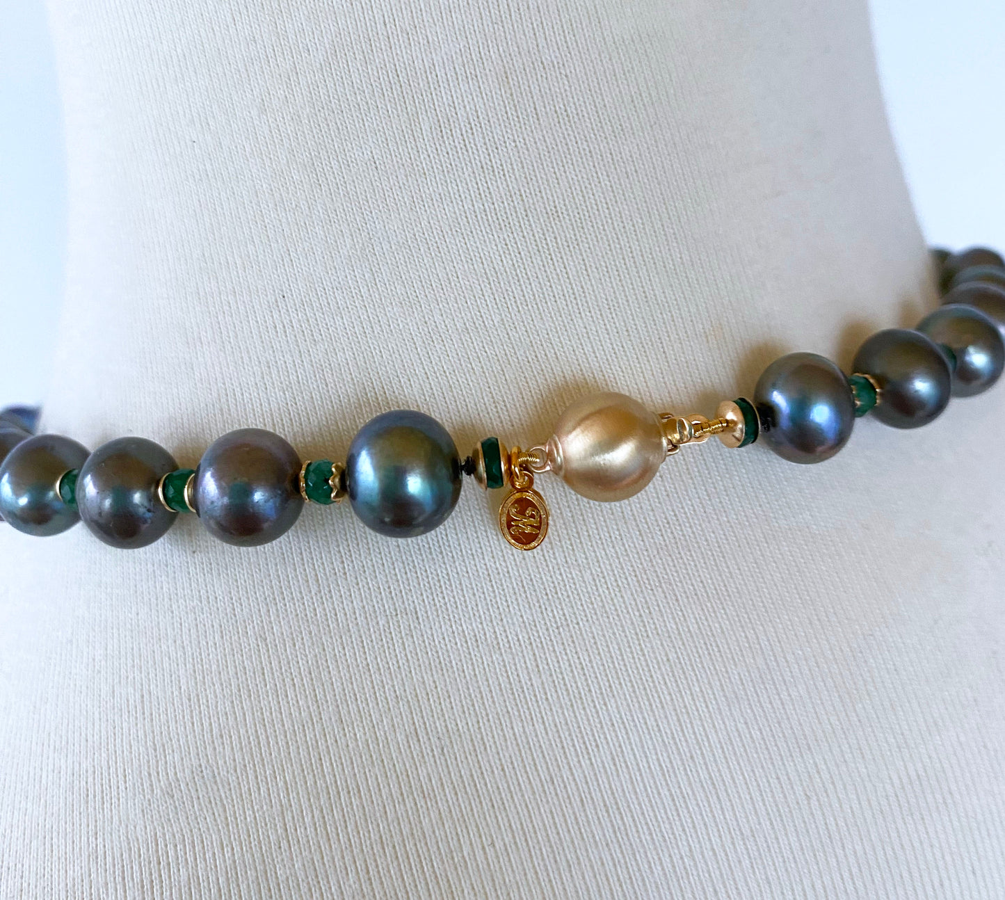 One of A Kind Black Pearl, Emerald & Solid 14k Yellow Gold Necklace