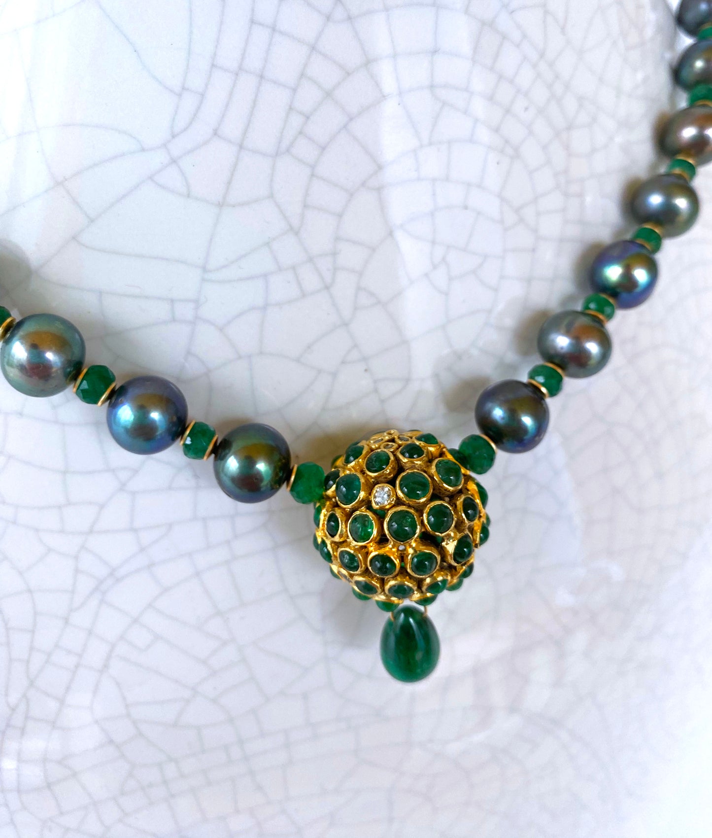 One of A Kind Black Pearl, Emerald & Solid 14k Yellow Gold Necklace