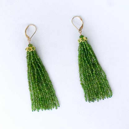Chrome Diopside Tassel Earrings with solid 14k Yellow Gold & Lever Backs