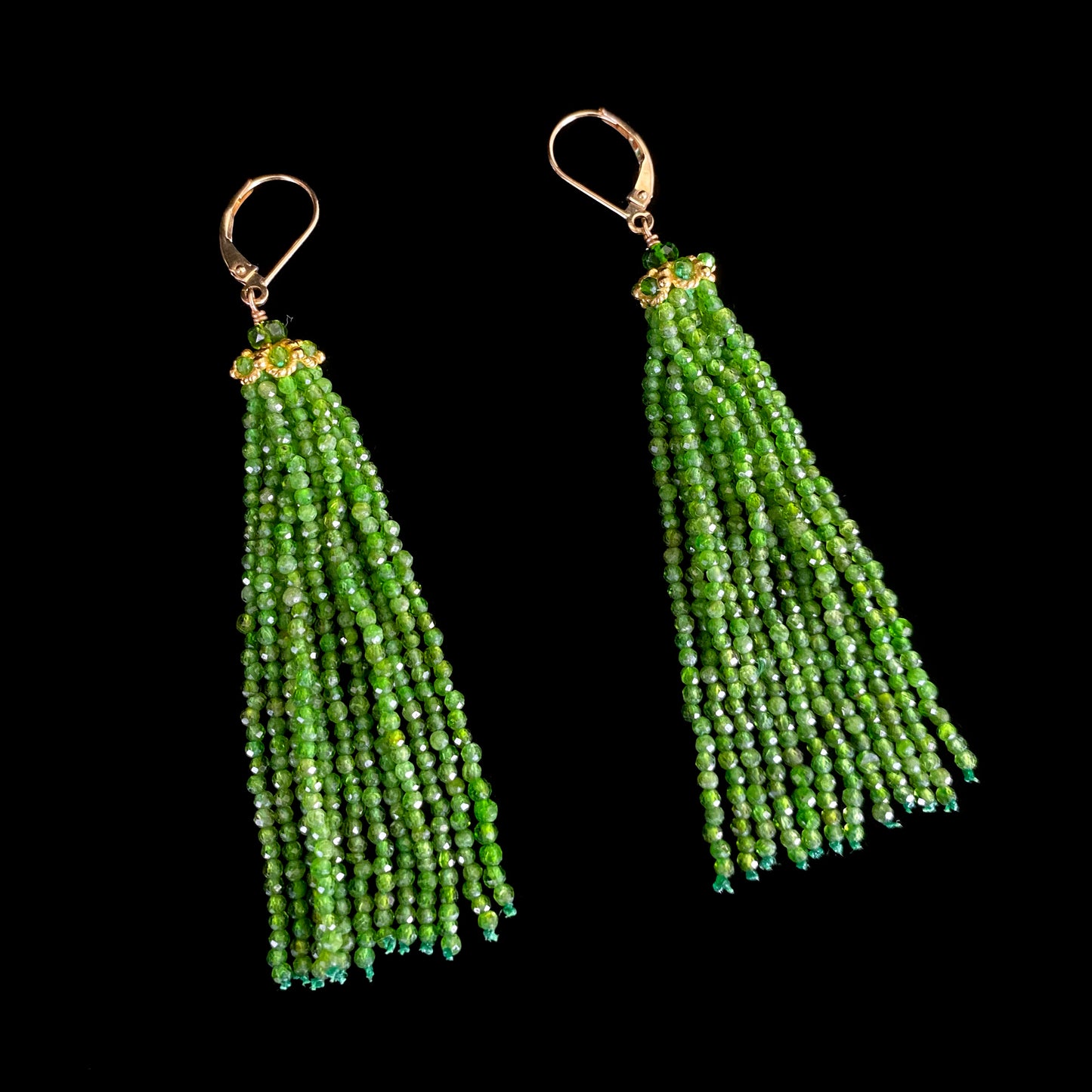 Chrome Diopside Tassel Earrings with solid 14k Yellow Gold & Lever Backs