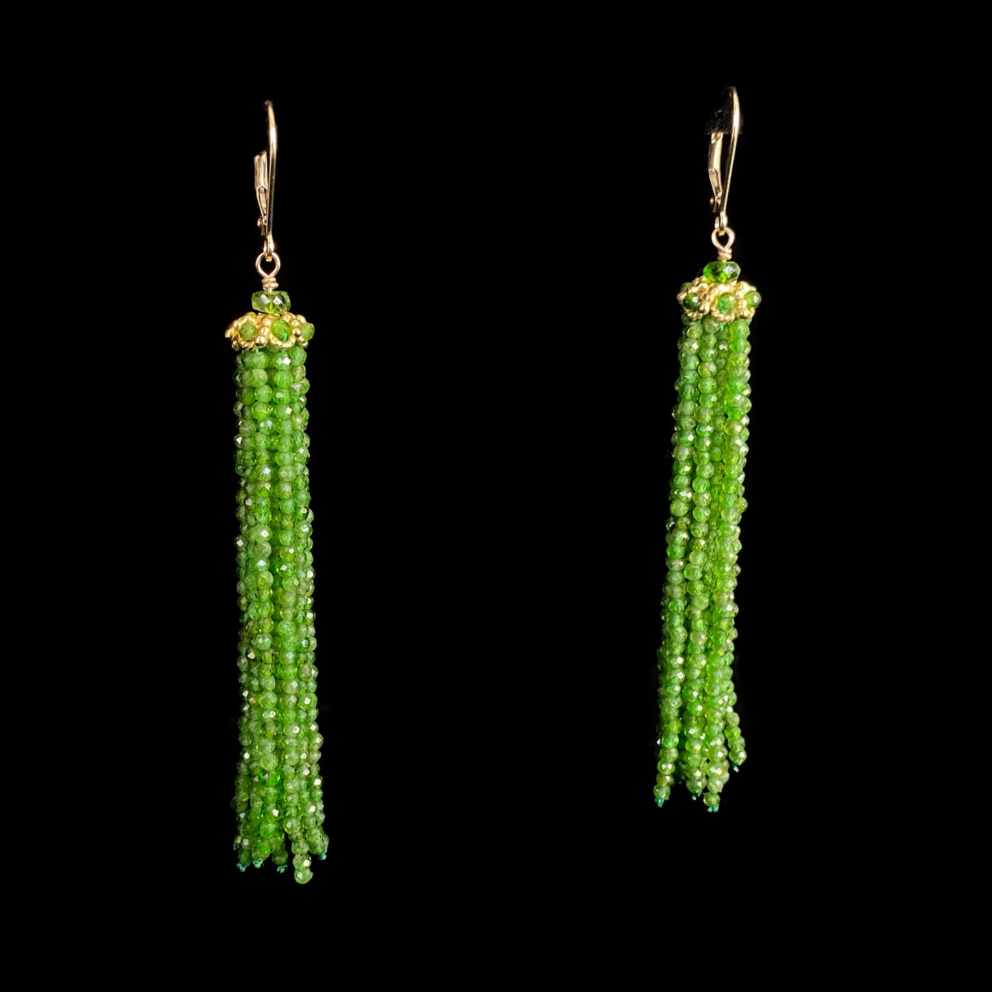 Chrome Diopside Tassel Earrings with solid 14k Yellow Gold & Lever Backs