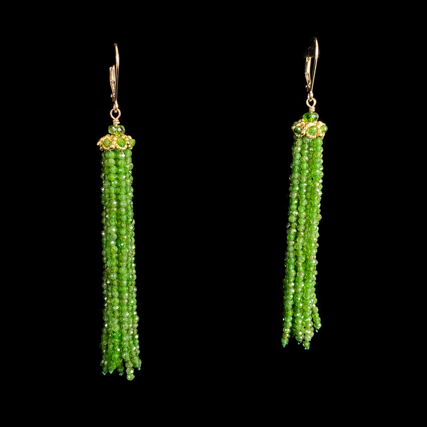 Chrome Diopside Tassel Earrings with solid 14k Yellow Gold & Lever Backs