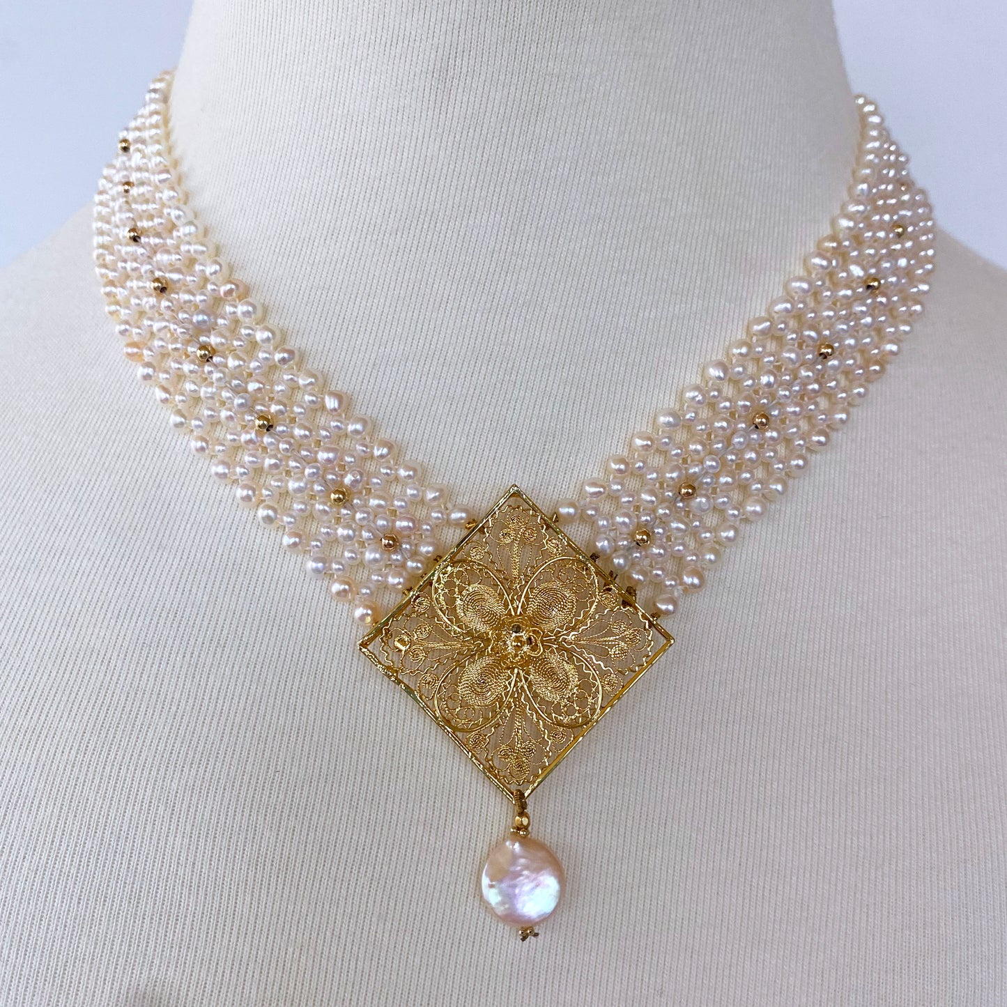 Pearl Woven Necklace with Gold Plated Centerpiece & Findings