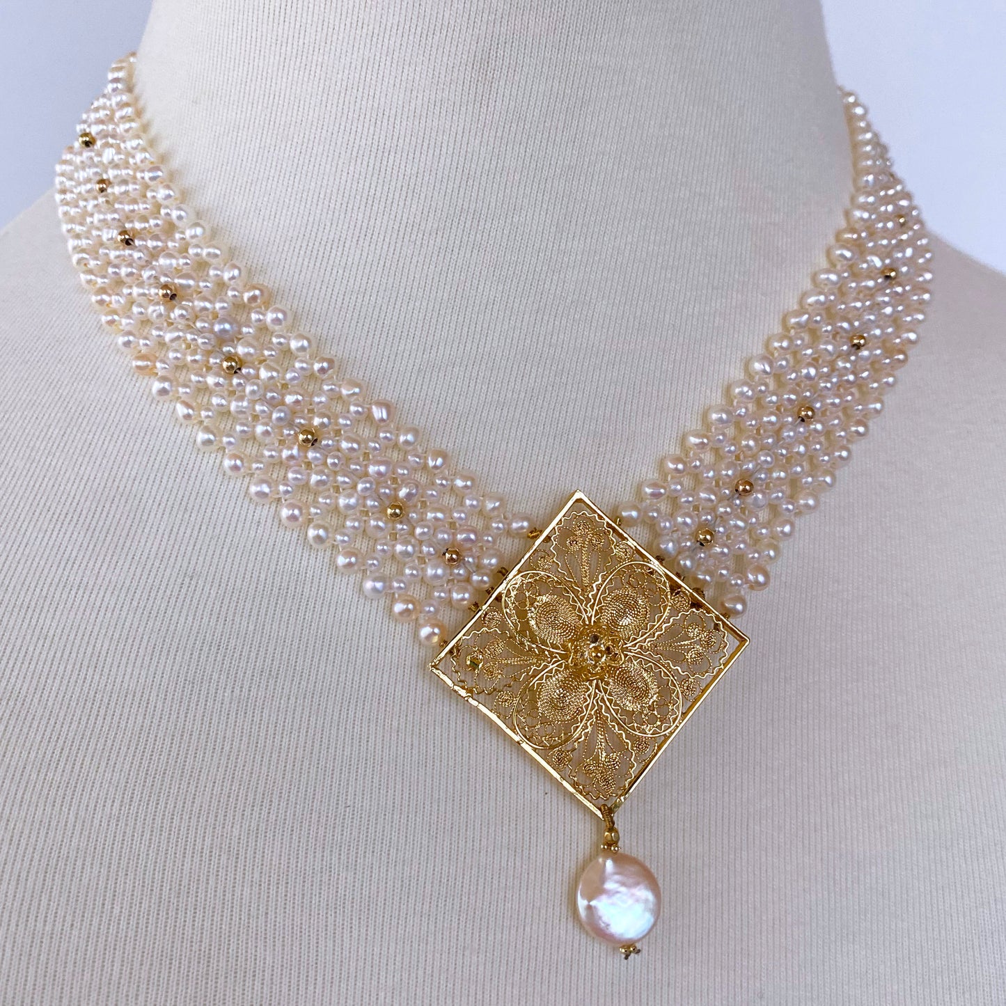 Pearl Woven Necklace with Gold Plated Centerpiece & Findings