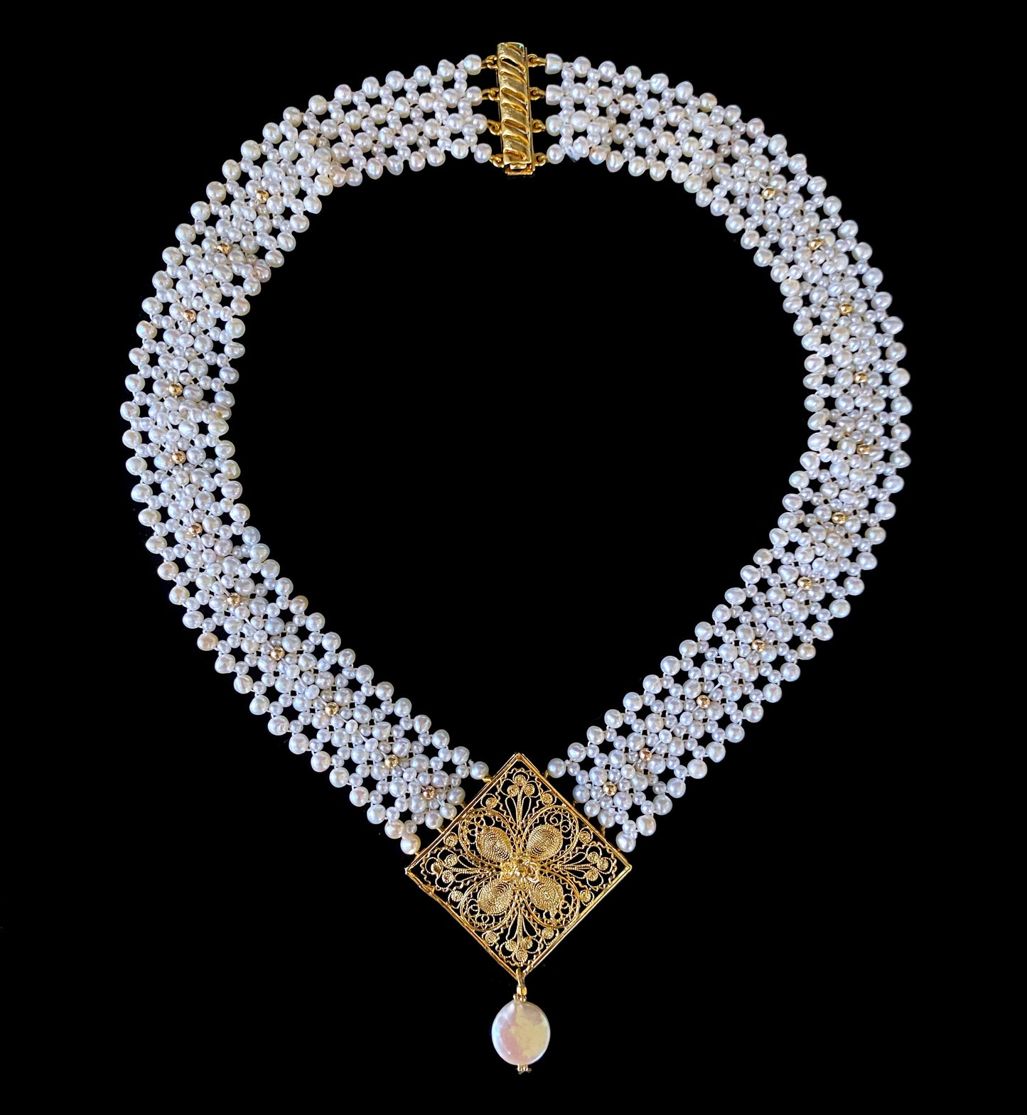 Pearl Woven Necklace with Gold Plated Centerpiece & Findings