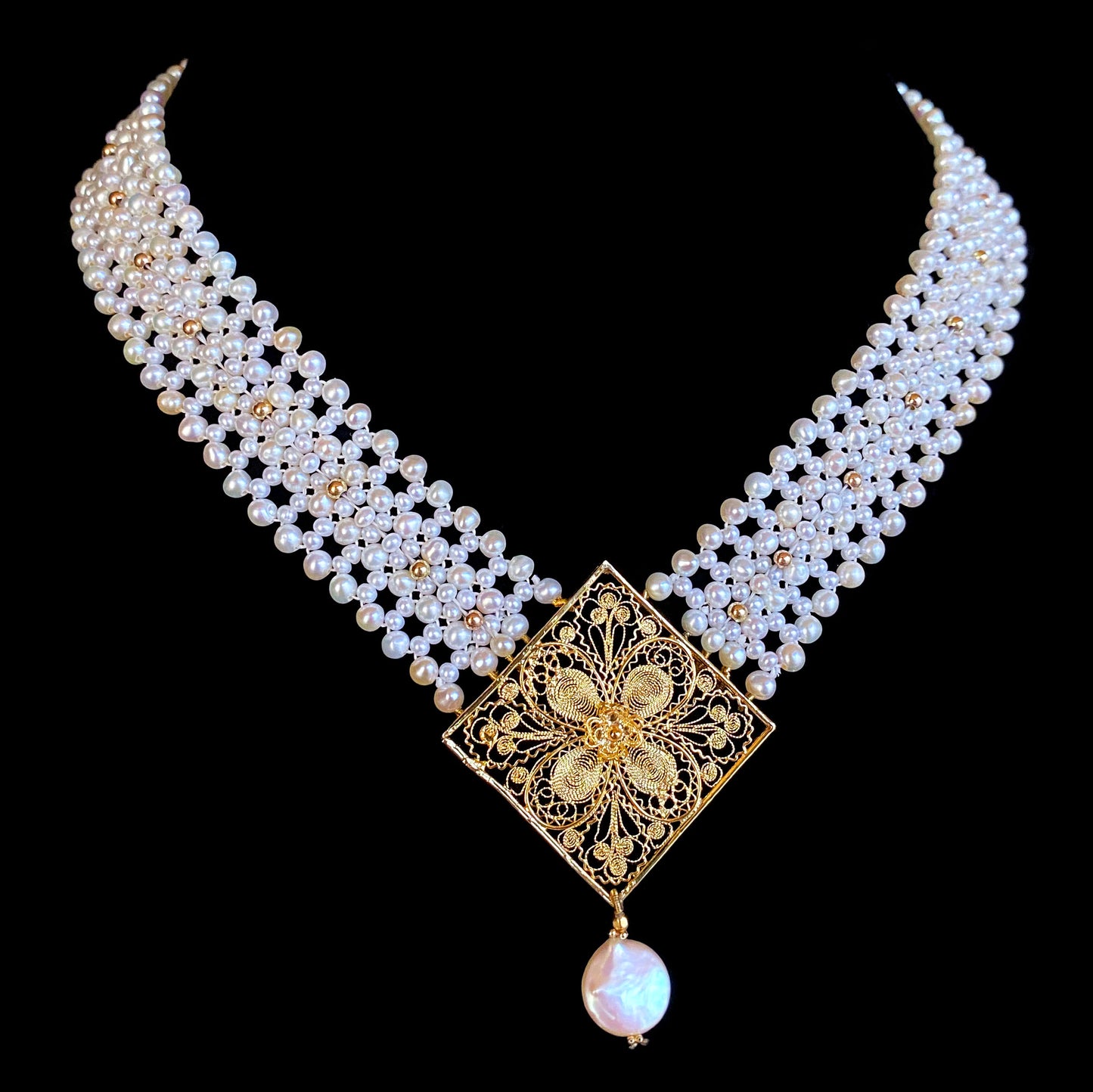 Pearl Woven Necklace with Gold Plated Centerpiece & Findings