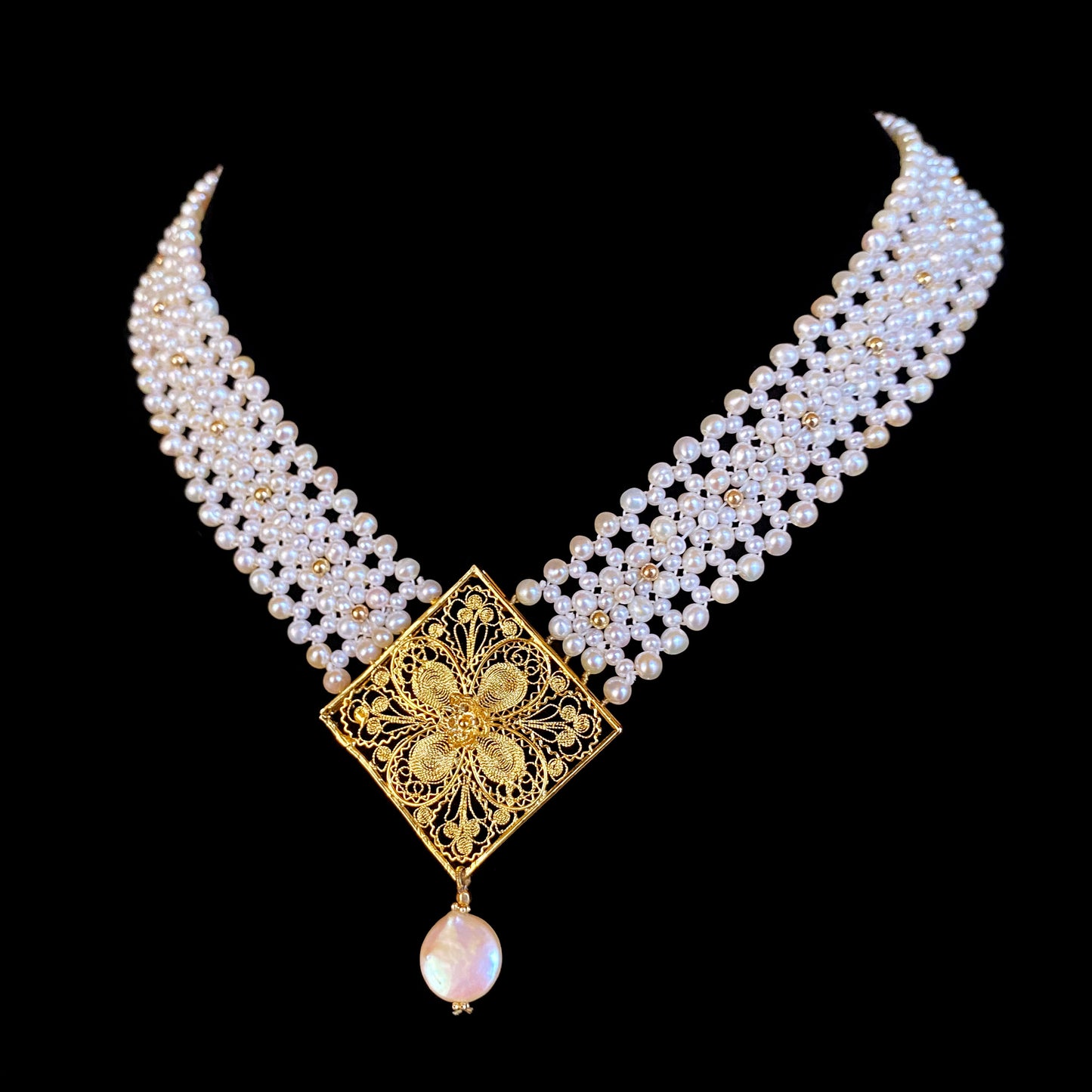 Pearl Woven Necklace with Gold Plated Centerpiece & Findings