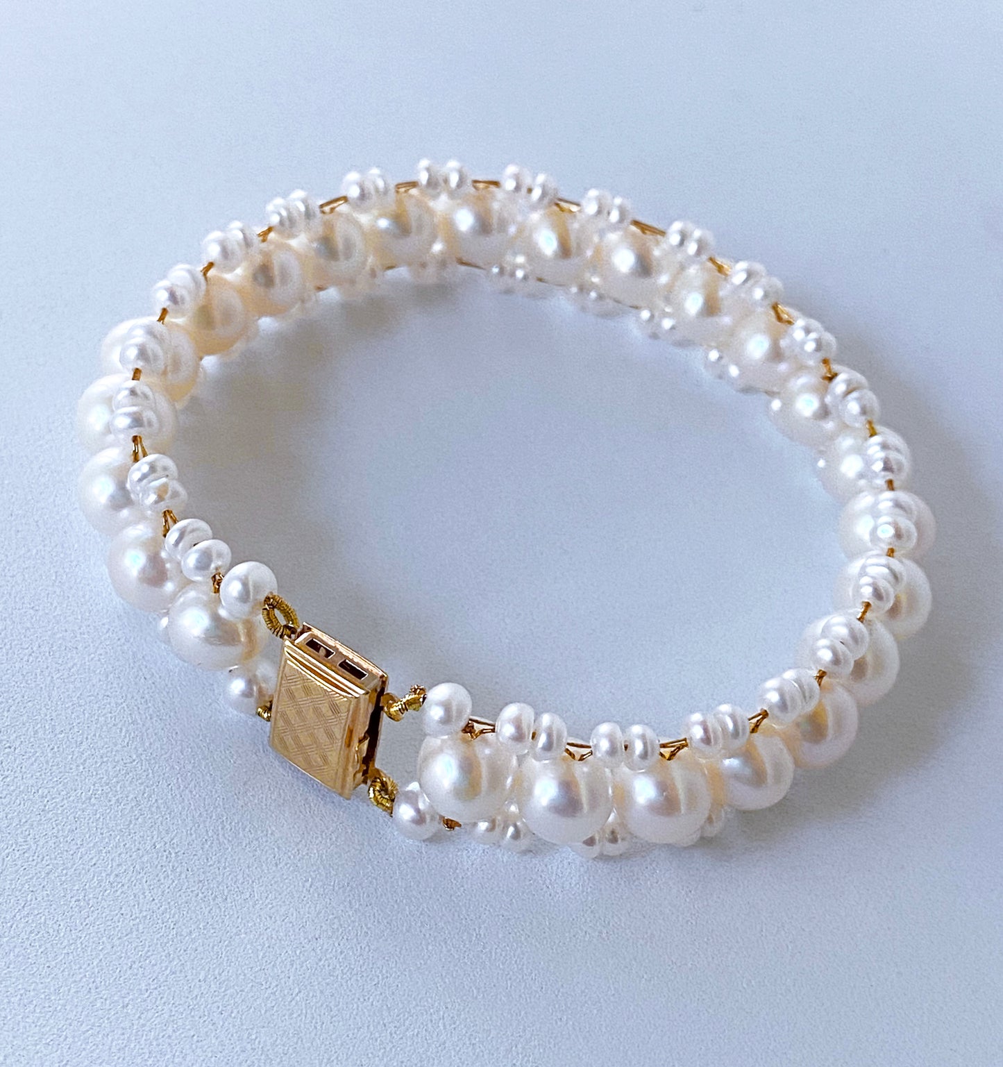 Pearl Woven Bracelet with solid 14k Yellow Gold Clasp