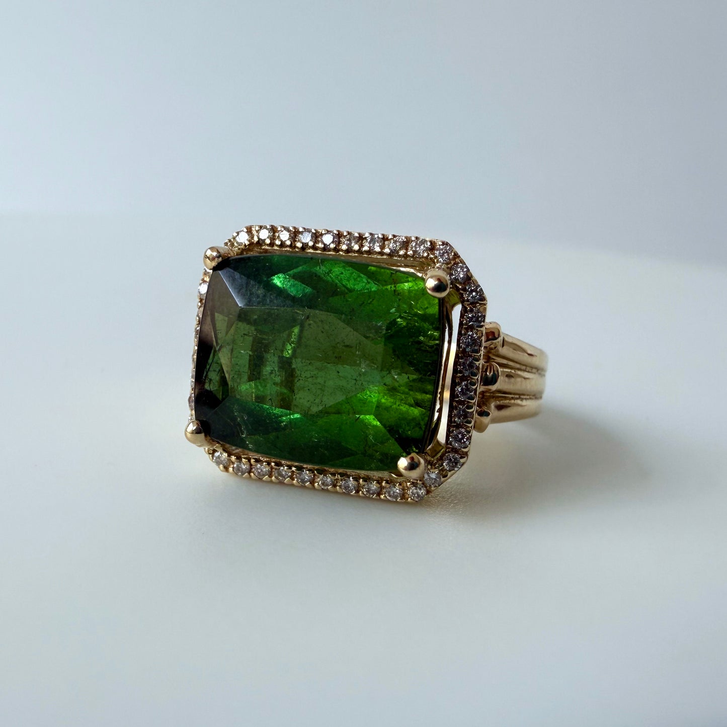 Green Tourmaline & Diamond Halo Ring with Solid 14k Yellow Gold
