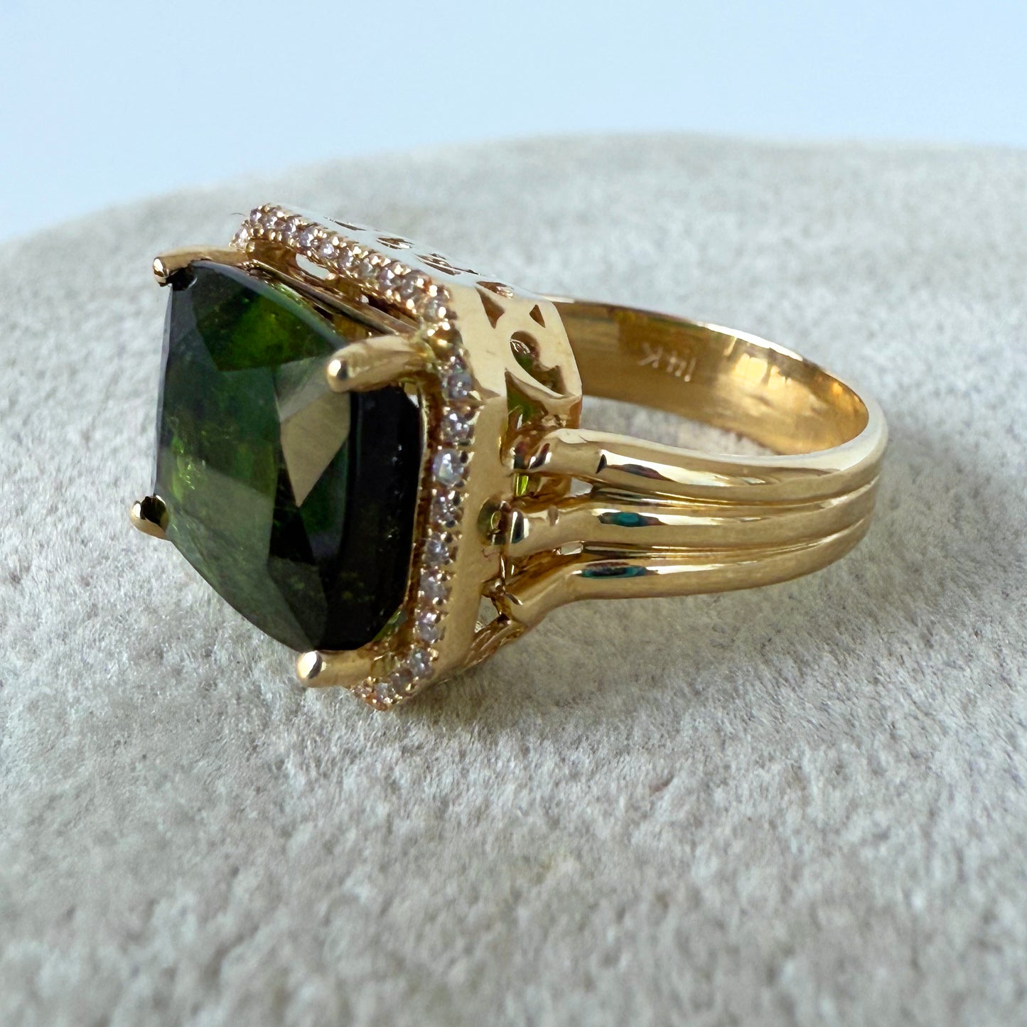 Green Tourmaline & Diamond Halo Ring with Solid 14k Yellow Gold