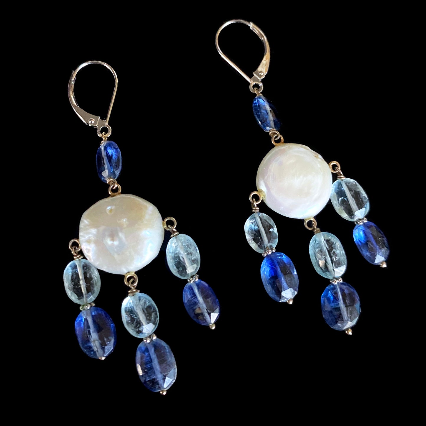 Pearl, Kyanite and Aqumarine Lever Back Earrings with 14k White Gold