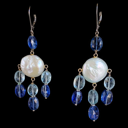 Pearl, Kyanite and Aqumarine Lever Back Earrings with 14k White Gold