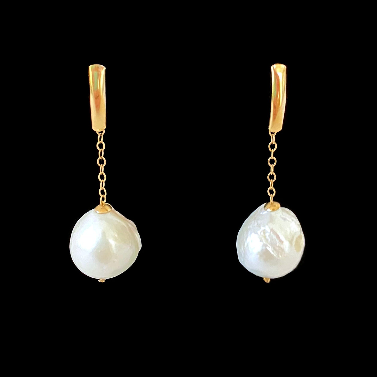Dangle Pearl Earrings with Solid 14k Yellow Gold Chain & Bars