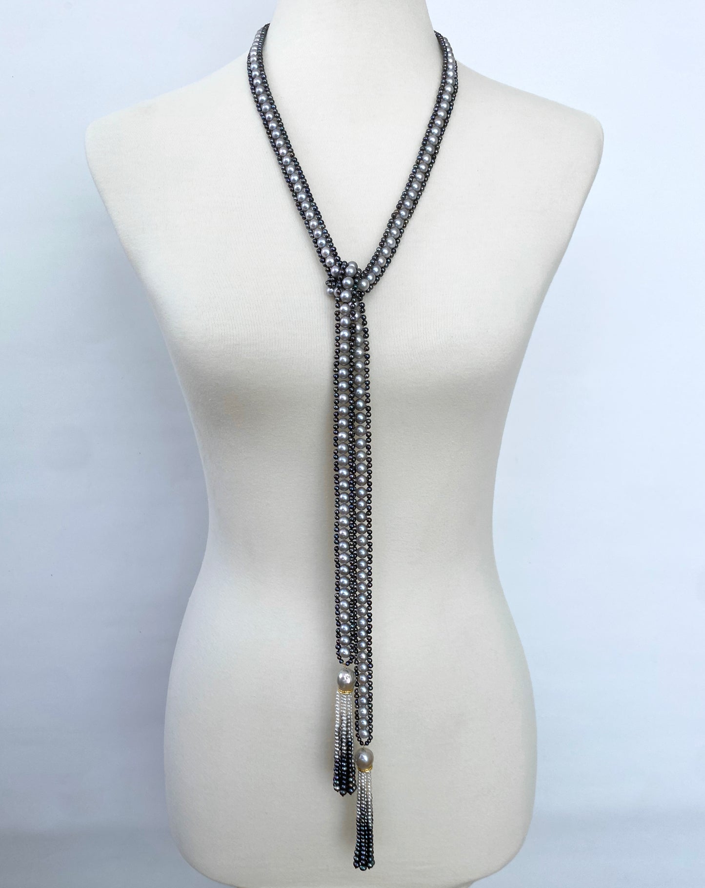 Black & Grey Pearl Sautoir with Diamonds & Pearl Ombre Tassels
