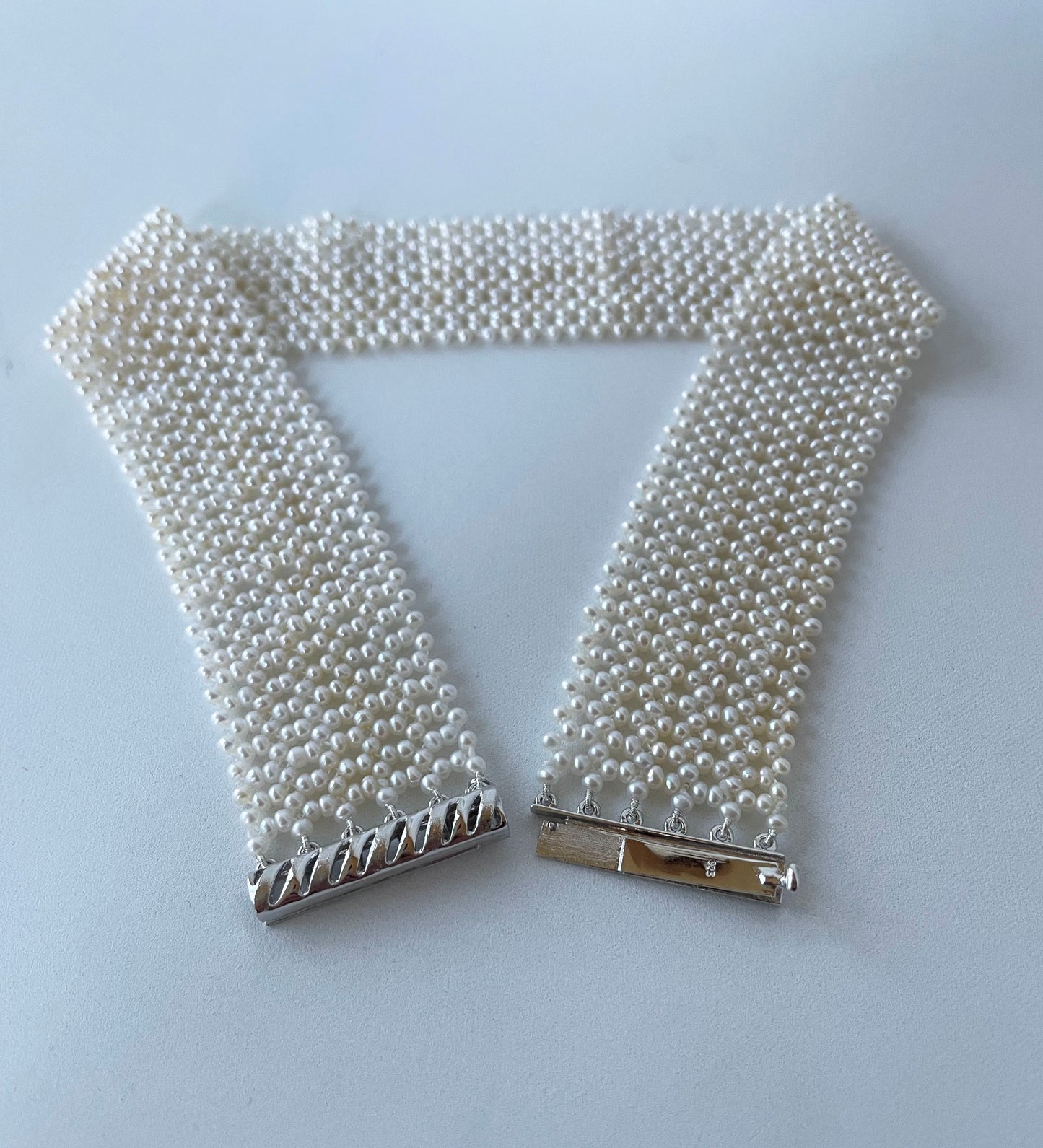 Lace Woven Pearl Choker with Rhodium Plated Silver Clasp