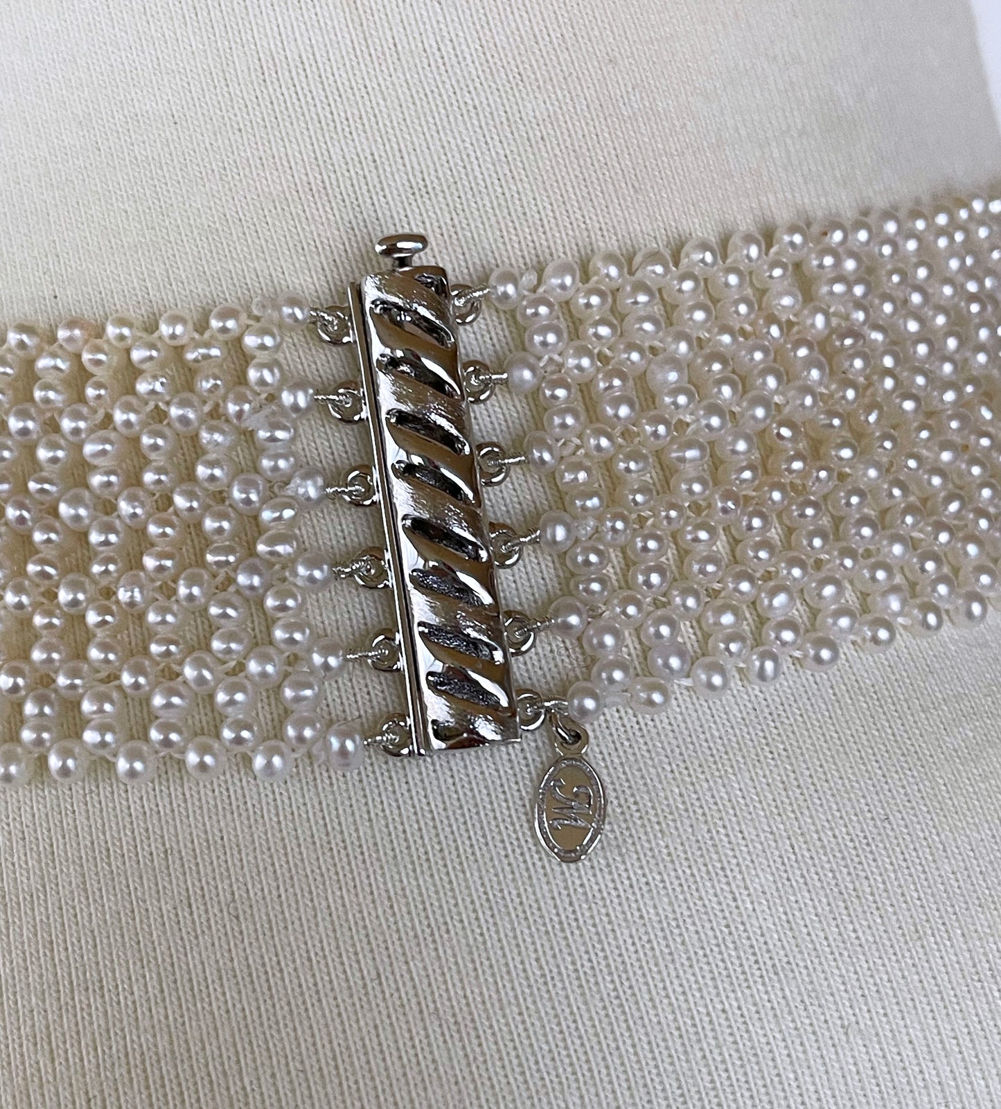 Lace Woven Pearl Choker with Rhodium Plated Silver Clasp