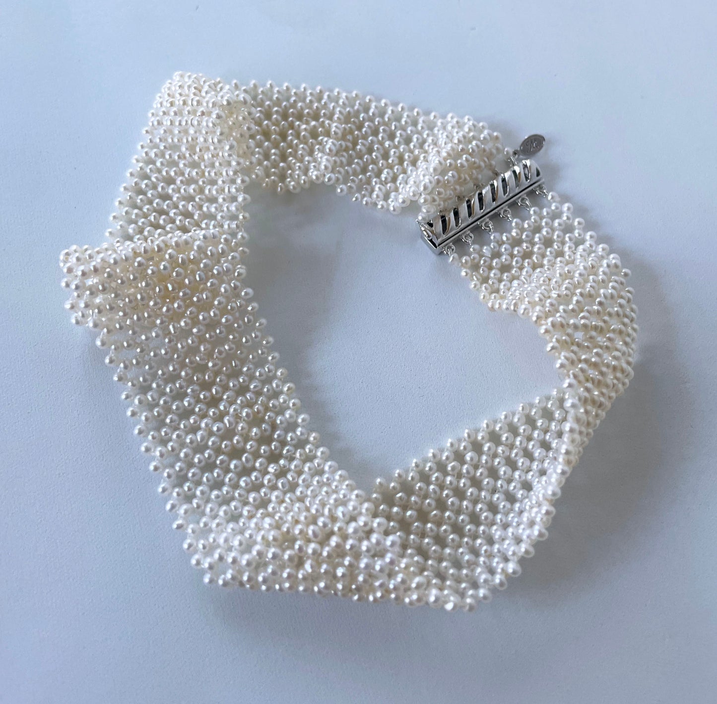 Lace Woven Pearl Choker with Rhodium Plated Silver Clasp